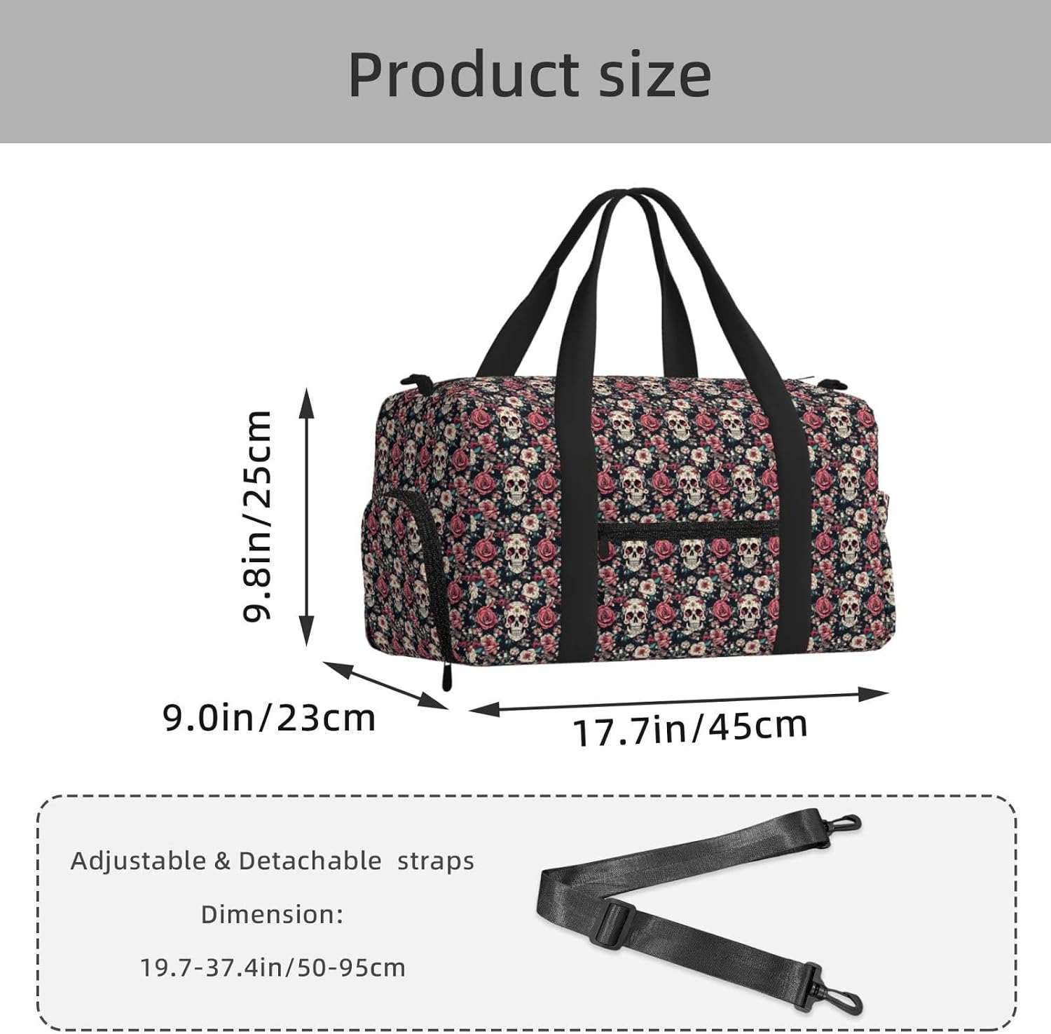 Flowers Skull Ornamental Pattern Print Handheld Sports Luggage Unisex Crossbody Bag Travel Weekend Fitness Workout image 3