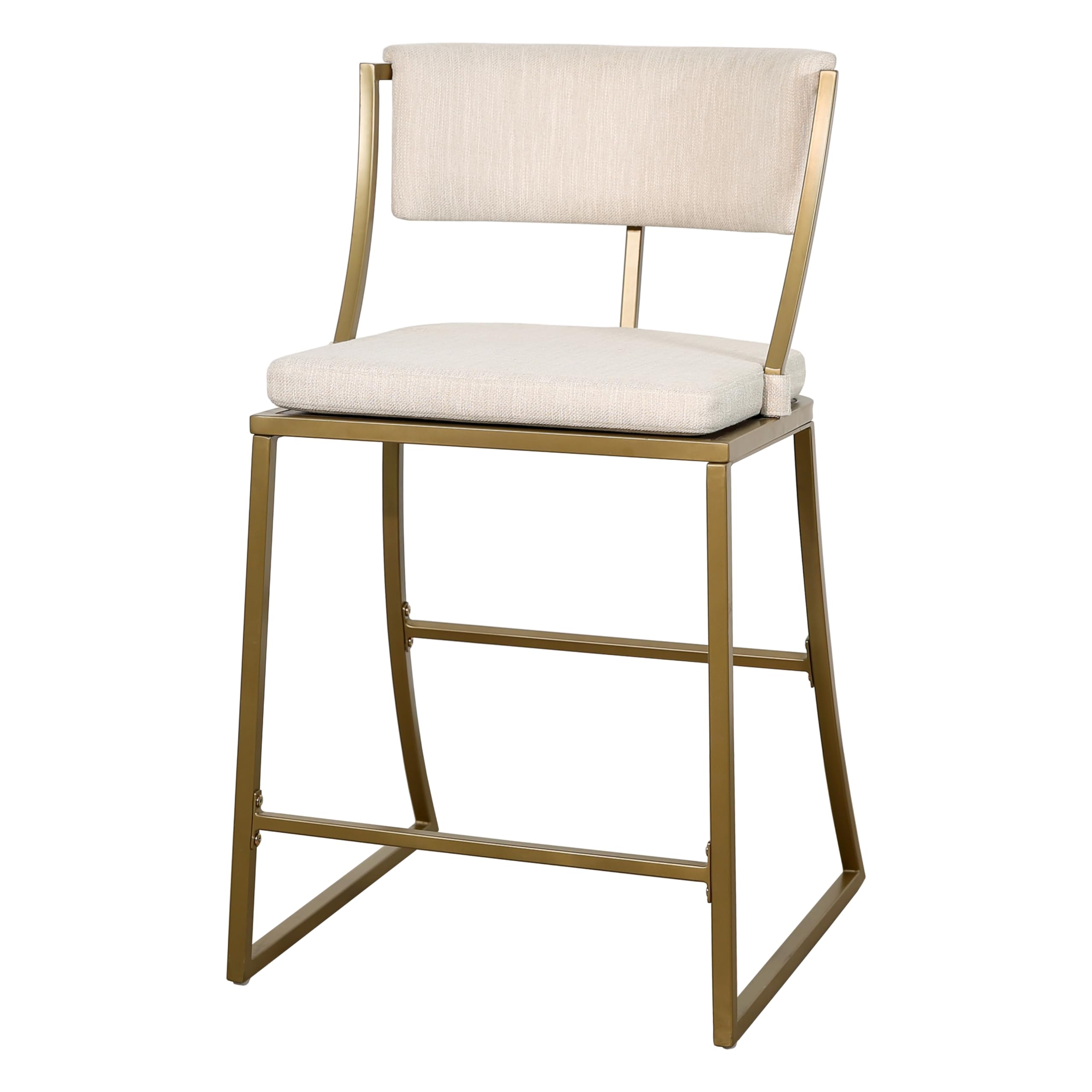 New Ridge Home Goods Mina 25" Counter-Height Metal Bar Stool, Antique Brass with Upholstered Beige Seat and Back