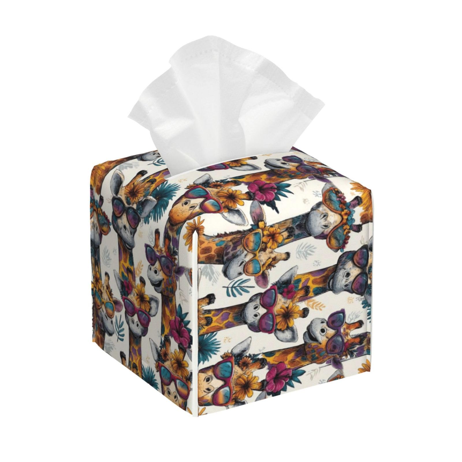 Hawaii Sunglasses Giraffe Print Tissue Box Cover Holder Square, Foldable Modern Cube Tissue Box Cover, Leather Decorative Organizer for Tabletop Bathroom Car Office Desk Decor