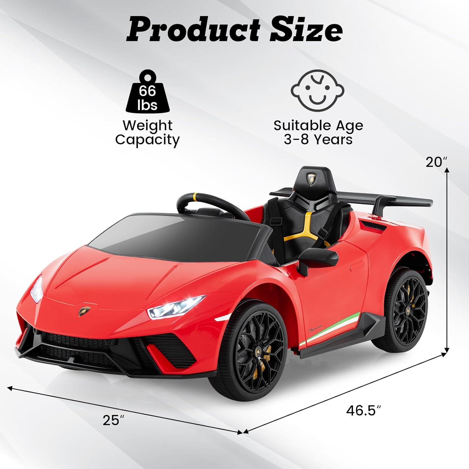 Licensed Lamborghini Huracan Ride on Car by OLAKIDS, 12V Kids Electric Vehicle with Remote Control, Toddlers Battery Powered Toy with 2 Speeds, Wheels Suspension, Music, Bluetooth, USB, FM (Red)