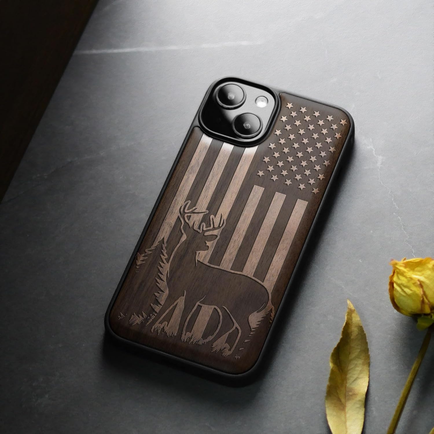 Carveit Magnetic Wood Case for iPhone 13 Case [Hard Real Wood & Soft TPU] Unique & Classy Wooden Shockproof Hybrid Protective Cover Compatible with MagSafe (Patriotic Deer Silhouette -Walnut)