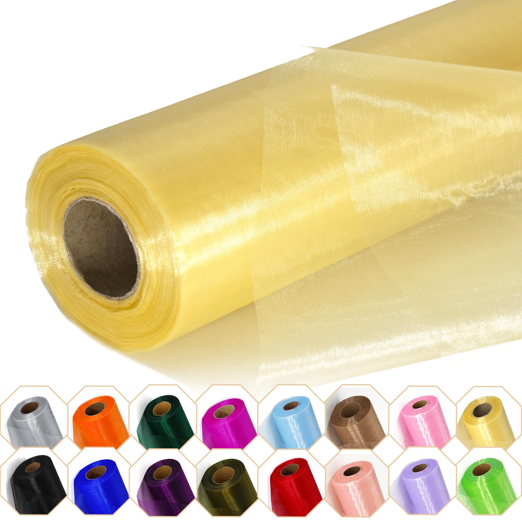 Crystal Organza Tulle Fabric Roll, 30cm x 45m Sheer Silky Shiny Netting Spool for Wedding Party Decoration Bridal Shower Table Runner (Gold)