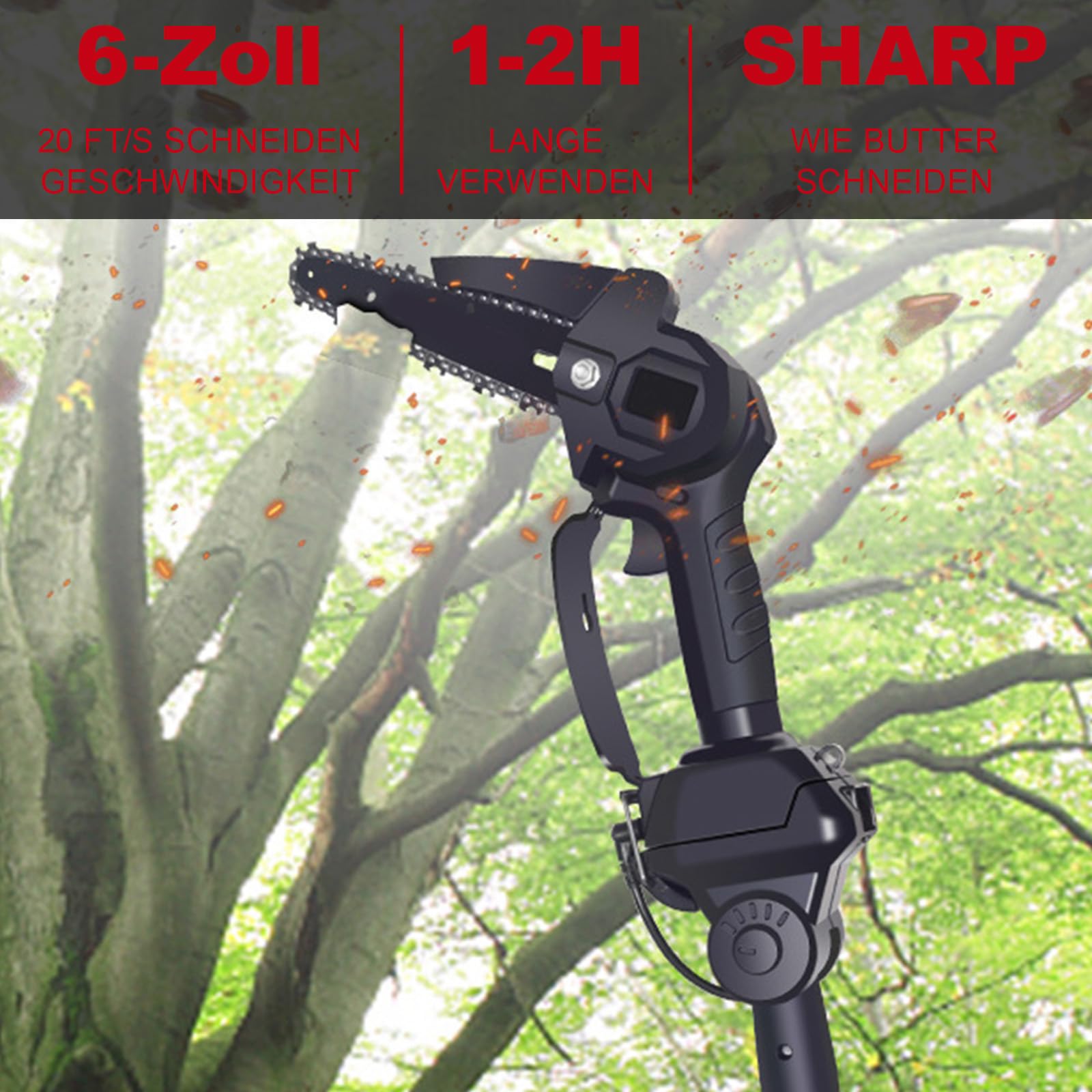 Podadora eléctrica con batería, sierra de podar telescópica con 2 baterías de 1500 mAh y cargador, cabezal de motor giratorio, barra de extensión hasta 1,8 m, podadora 2 en 1 y mini motosierra de 6