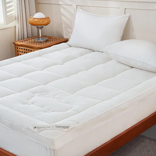 YOUR MOON 100% Organic Wool Mattress Topper Full Size – 2 Inch Thick Pillow Top Mattress Pad, 700GSM Natural Wool Filling, Back Pain Relief Bed Topper with Cotton Cover-16'' Depth, 54"x75" (White)