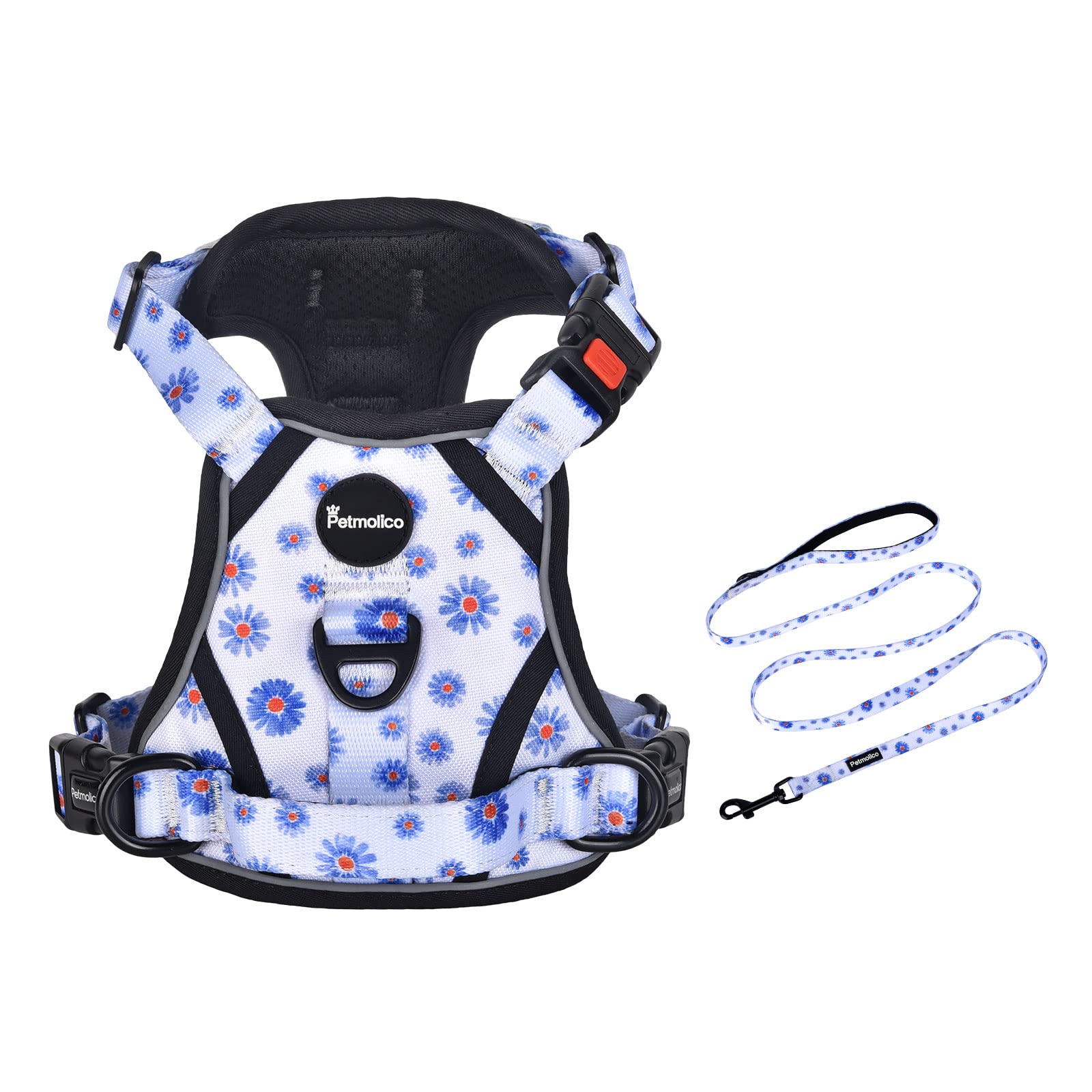 Petmolico No Pull Dog Harness and Leash Set, No Choke 2 Leash Attchments Easy Control Handle Soft Padded Reflective Vest Pet Harness for Medium Dog