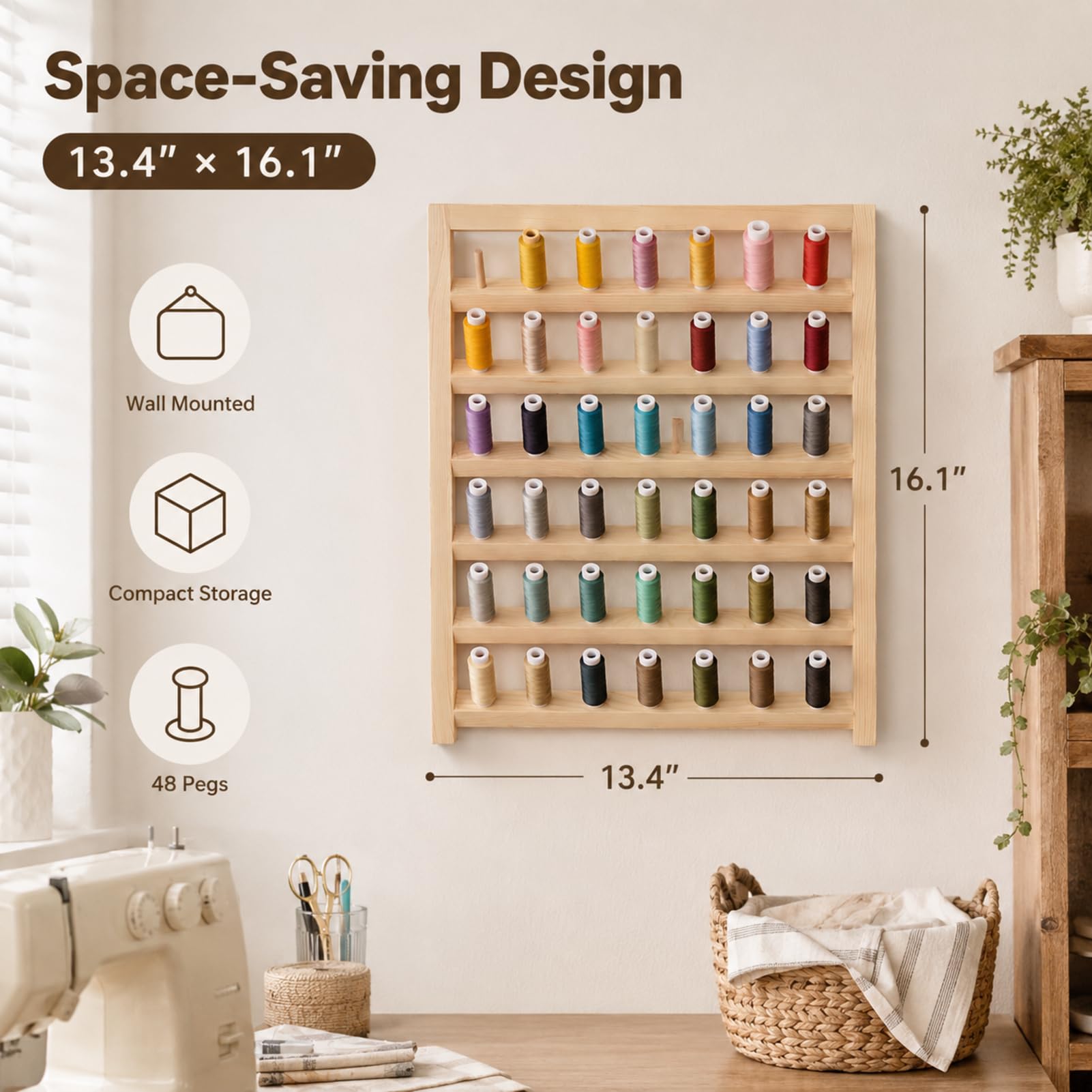 Support de fil à 48 bobines avec crochet de suspension, support mural en bois pour broderie, tressage de cheveux, couture, bricolage, bobine de broderie écologique