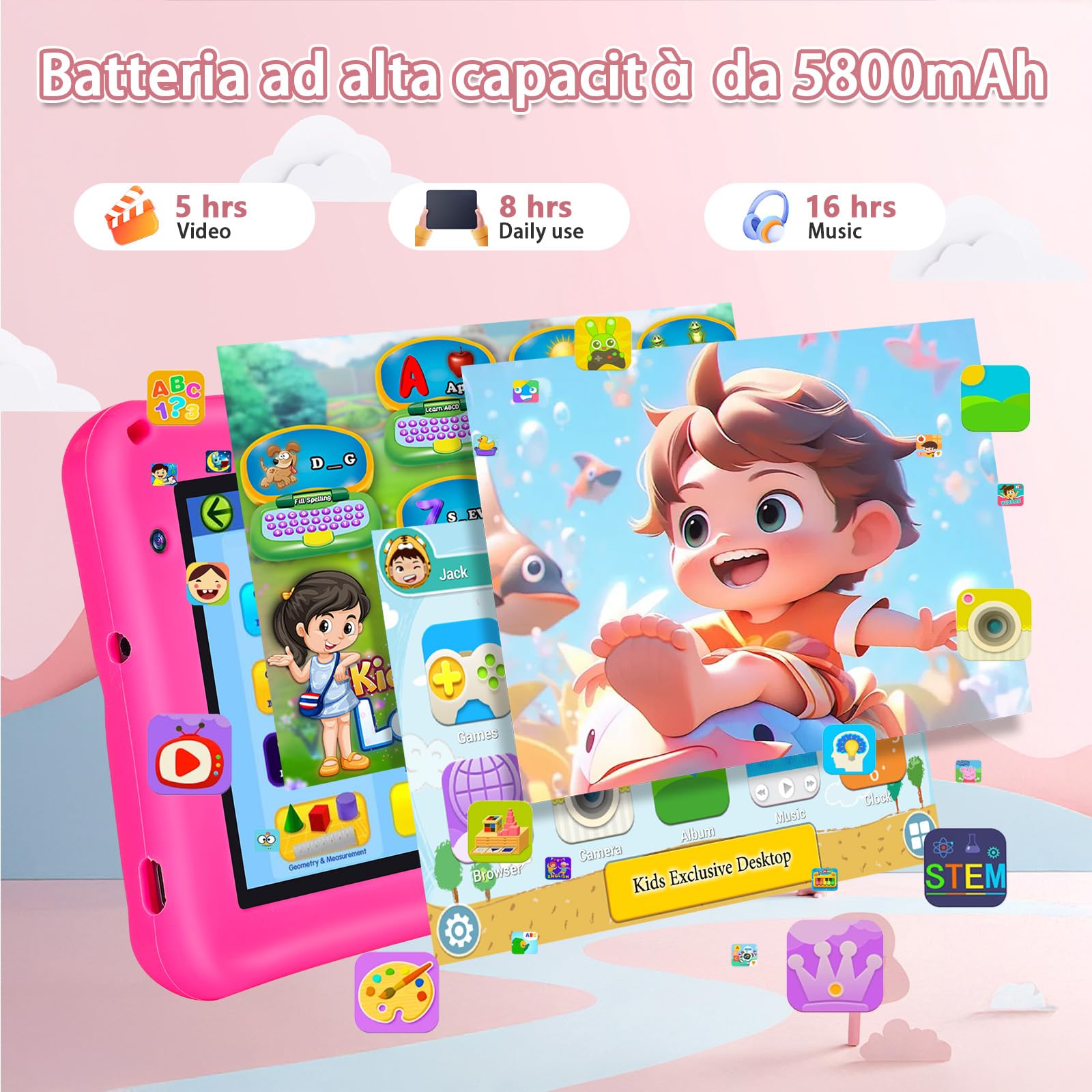 BRILLAR Tablet Bambini 7 Pollici,Android 13 Tableta,8(4+4) GB RAM, 64GB ROM(TF card 256 GB),Octa-Core,Controllo Parentale,WIFI,Tablet per Bambini con Custodia(Rosa)