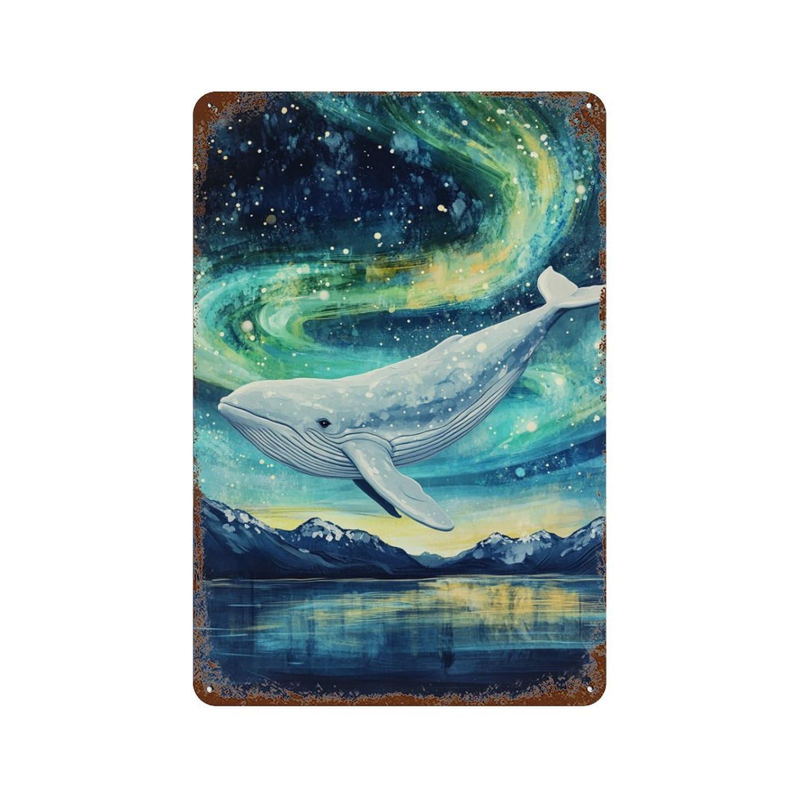Whale in Celestial Sky Decorative Tin Sign 11.8"x7.9", for Garage, Bar And Workshop Decor, Novelty Wall Decor