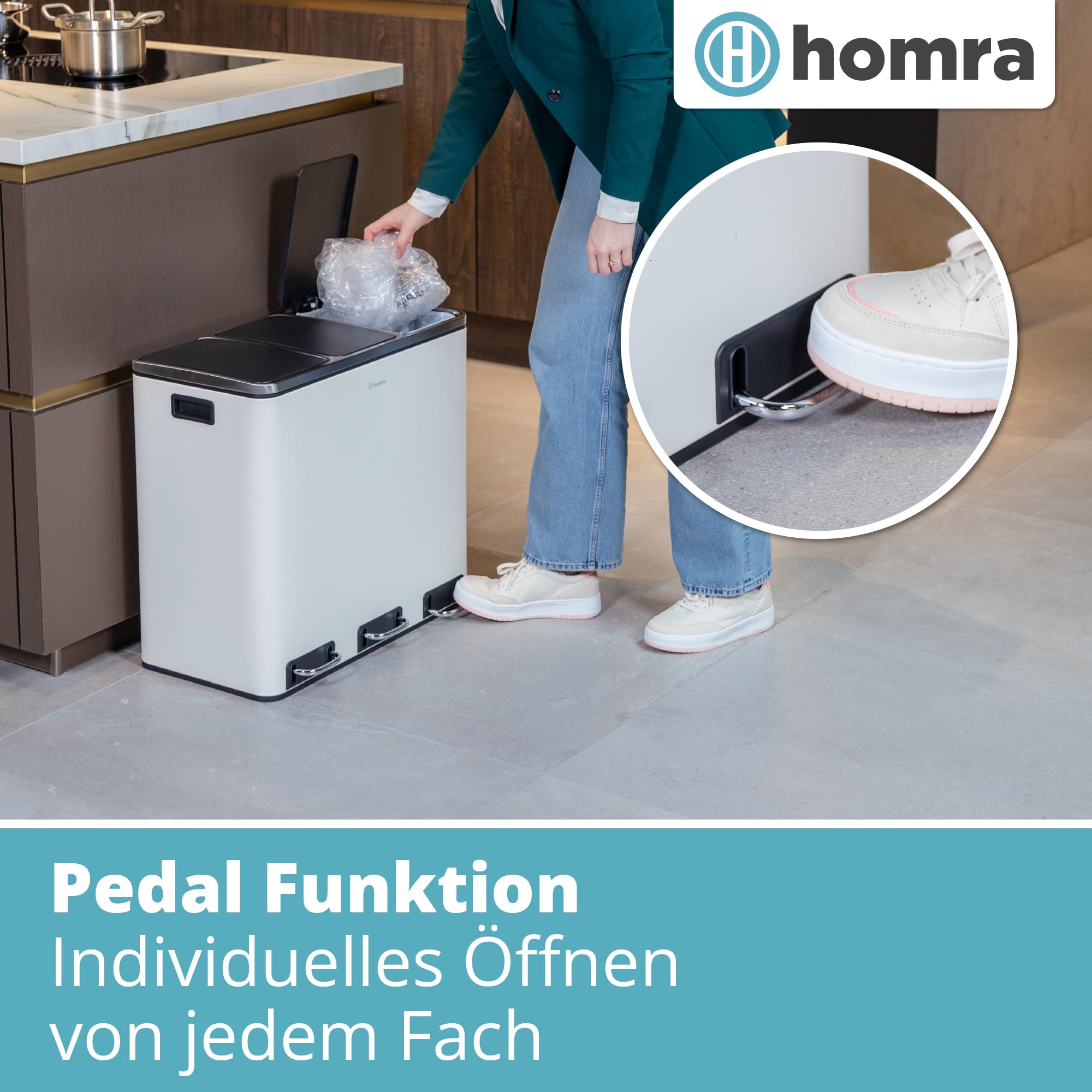 Homra Mülleimer Küche 3 Fächer Sparq 54l | Mülltrennsystem 3Fach | Edelstahl Treteimer 3x18 Liter | Trennsystem 3 Inneneimern | Abfall & Recycling | Abfalleimer Tretmülleimer Softclose | Cremeweiß