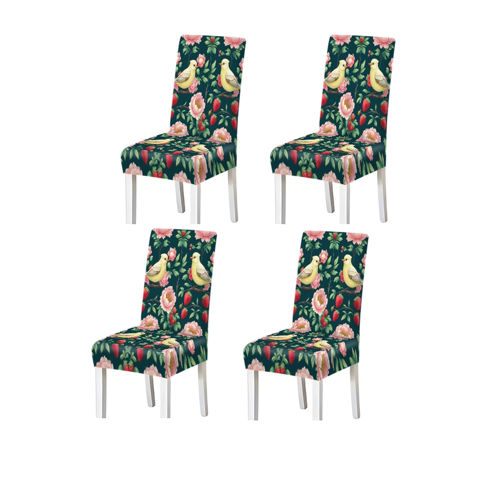 KXUAUV Teal Yellow Bird Strawberry Peony Floral Pattern Print Dining Chair Covers Set Of 2/4/6, Stretch Slipcovers For Kitchen Dining Room Seat Protectors for Restaurant Hotel Party(4PCSChair cover)