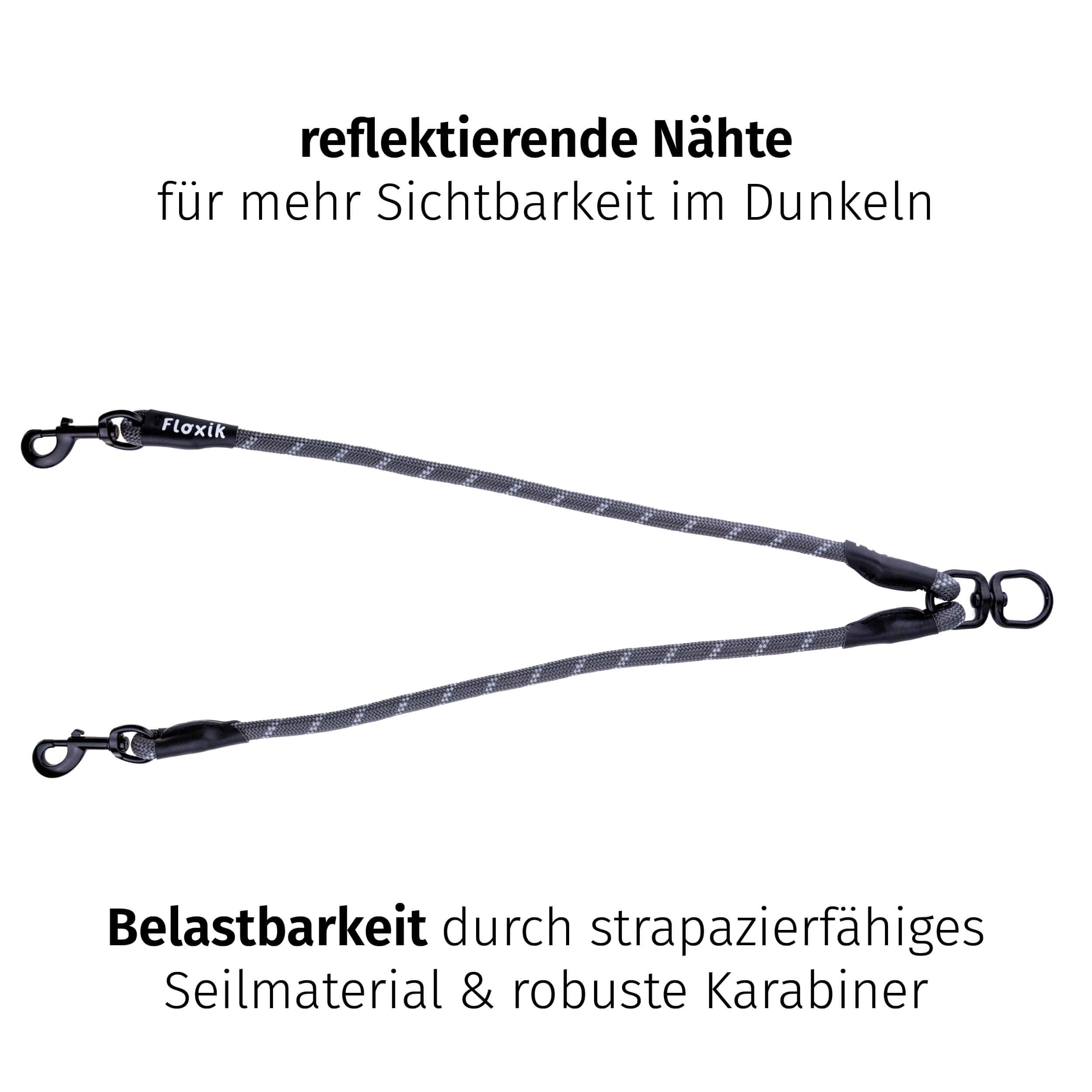 Floxik Tau Doppelleine für 2 Hunde grau/orange - reflektierend, dehnbar und verhedderungsfrei – Doppelte Hundeleine zum Koppeln - perfekt für kleine bis mittelgroße Hunde