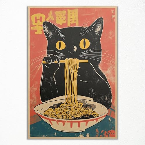 Lienzo decorativo vintage de gato japonés, póster peculiar de gato negro comiendo ramen, impresión de arte retro divertida de alimentos de animales,