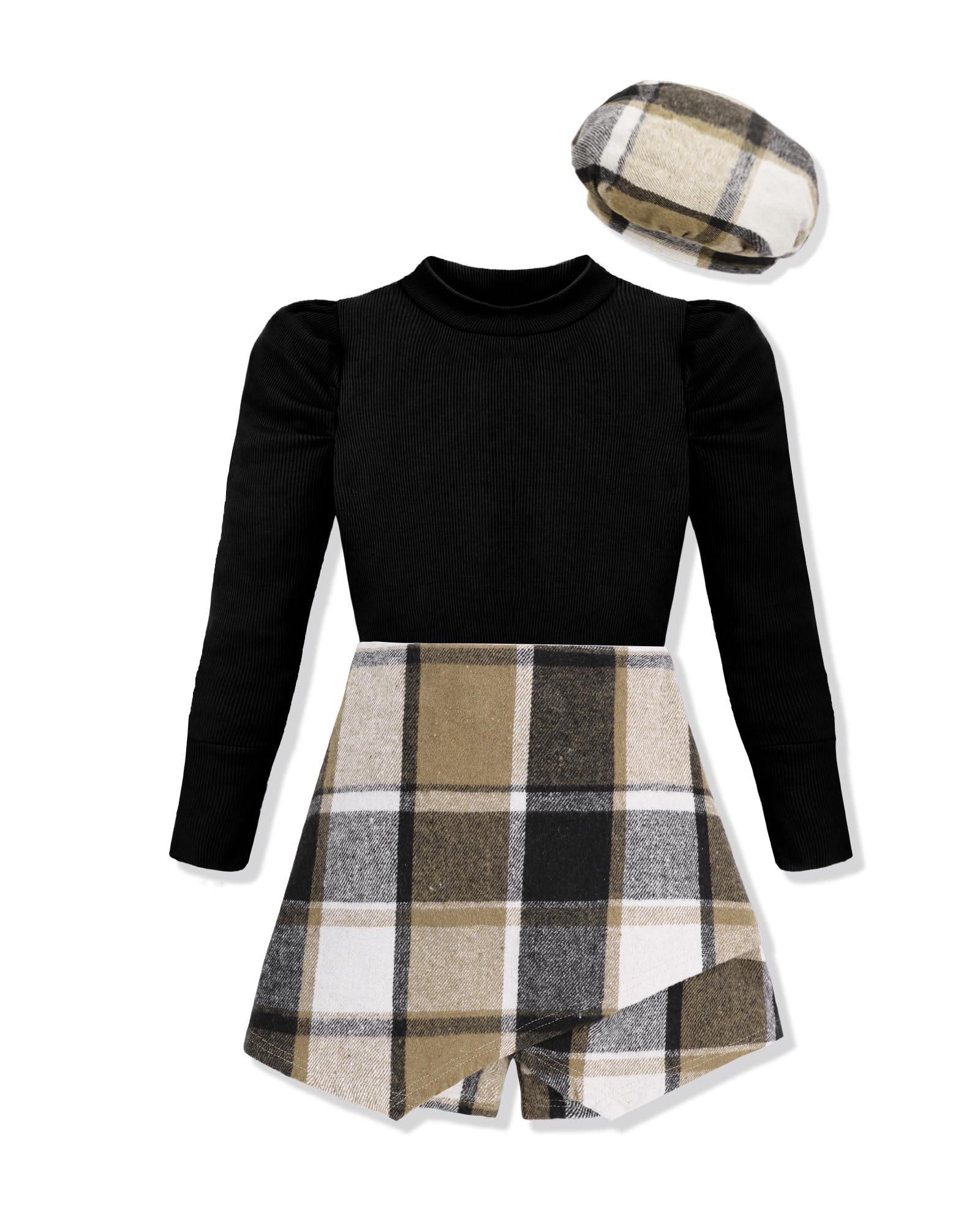Hipea 3PC Winter Skirt Set: Long Sleeve Shirt, Skirt Pants, and Beret Hat