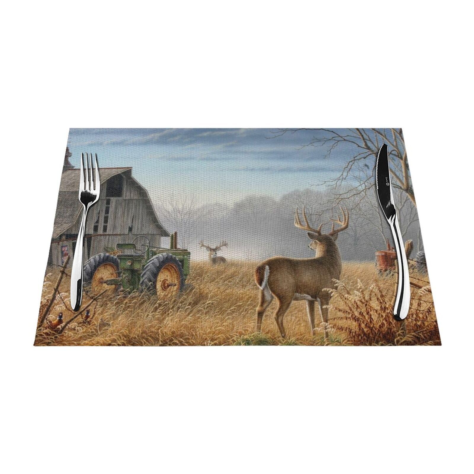 PVC Placemat Set of 4 PCS, 45x30 CM, Deer Hunting Printed Non-Slip Heat Resistant Place Mats for Kitchen Dining Table Indoor Outdoor