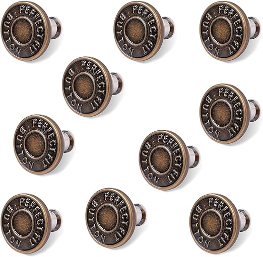 12 Pcs Button Pins for Jeans Bronze 0.7'' Jean Button Replacement 17mm No Sew and No Tools Instant Needed Snap Tack Pant Button Reusable and Adjustable Metal Clothes Buttons Jean Button Pin