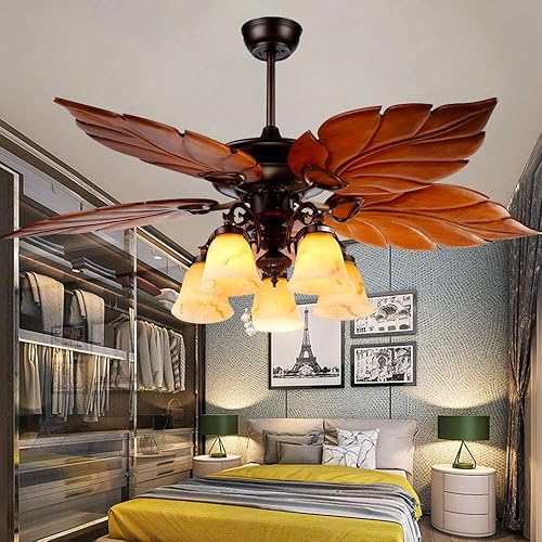 Ventilador de techo de palma de 52 pulgadas con luz y candelabro, 5 aspas de madera, acabado rústico de bronce nuevo. Ideal para el hogar,
