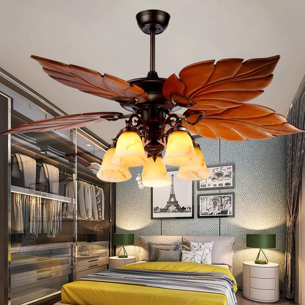 52 Inch Tropical Ceiling Fan Light Wooden Palm Leaf Blades Fan Light