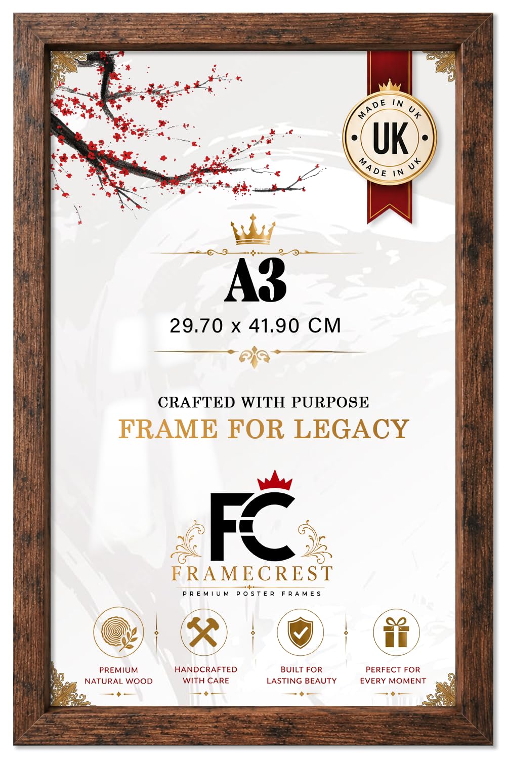 FRAMECREST LTD — Modern Wall A3 (29.70 X 41.90 CM) Poster Frame | Home Office Decor — Display Poster, Clear Acrylic Front, MDF Back, Reversible Both Ways Hooks, Slim Profile, 16 X 11 Inch Rustic