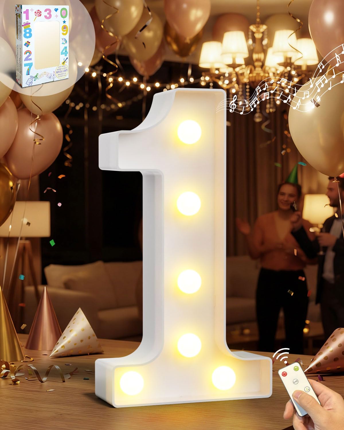 HEYCOLOR LED Zahlen Lampe Nummer mit Happy Birthday-Musik für Jungen und Mädchen, Warmes Weiß LED Leuchtzahlen 1 Mit Fernbedienung für Geburtstagsdekoration Zuhause Familie WandDeko, Batteriebetrieb