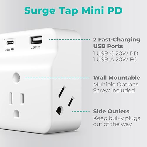 Miniatura 2 de KMC USB-C PD - Protector de sobretensiones de 3 tomas de corriente, cargador de suministro de energía USB-C y puerto de carga rápida USB-A,