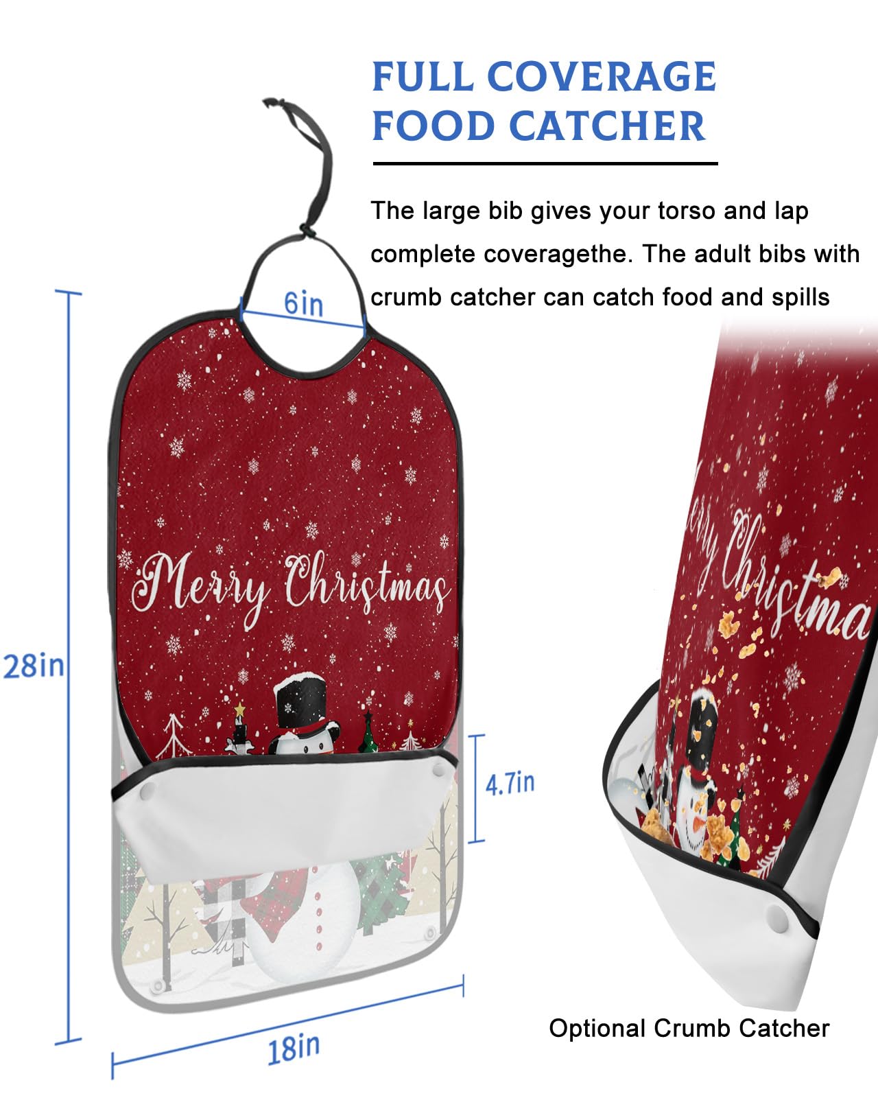 Snowman Red Christmas Adult Bibs for Eating, Waterproof Bibs with Food Catcher & Adjustable Snap Closure, Winter Snowflake Xmas Tree Washable Clothing Protectors Adult Bibs for Elderly Women/Men