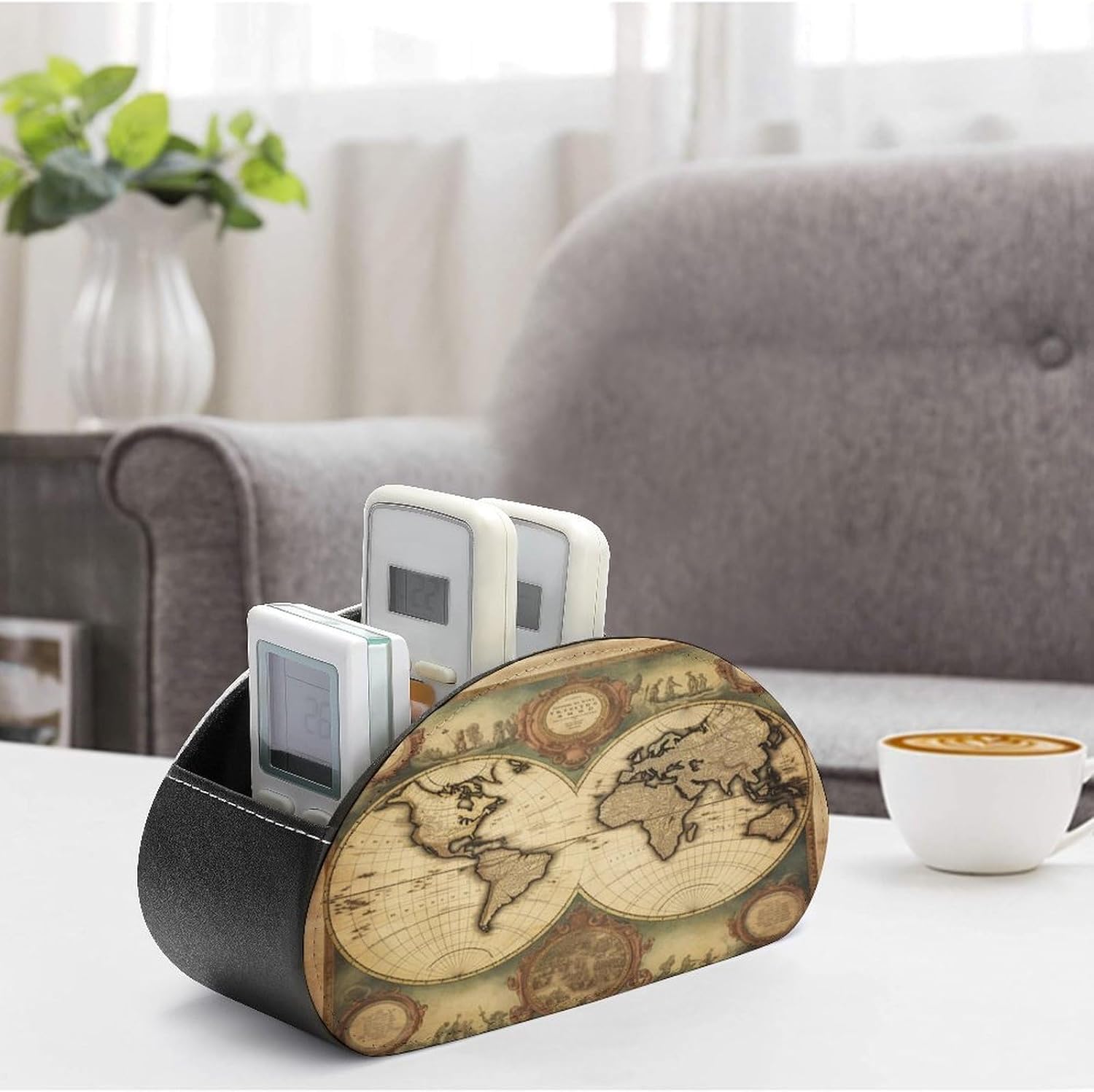TV Remote Control Holder,Remote Caddy Vintage Old World Map Printed Desktop Organizer with 5 Compartments for Storing Remotes Pens Keys Makeup Brushes