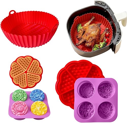 Miniatura 1 de 3 forros de silicona para freidora de aire de 8.5 a 6.5 pulgadas, 3QT-6QT rojo + púrpura Airfryer Liners de silicona