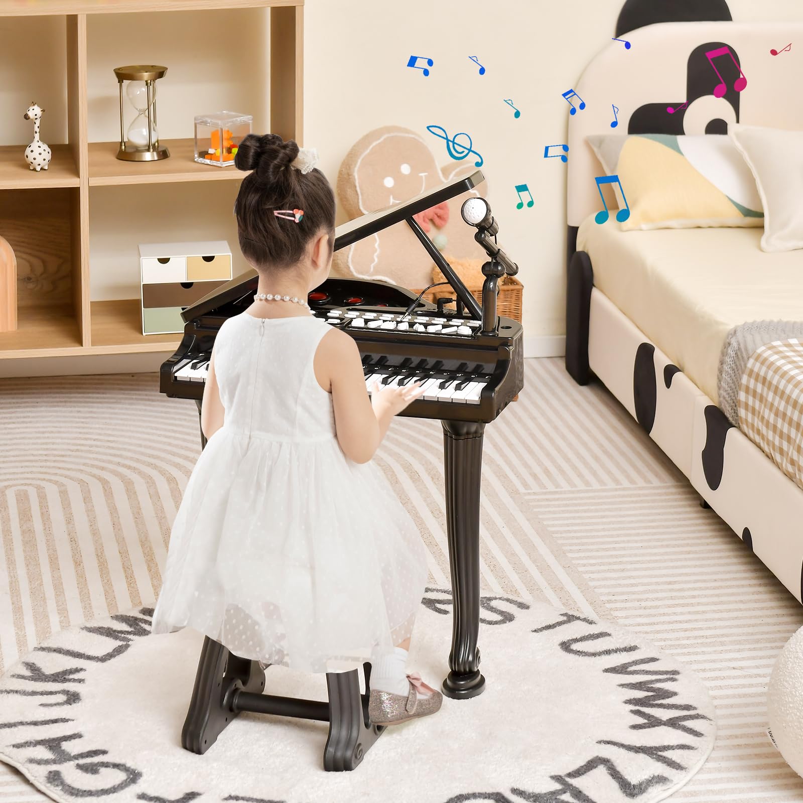 HONEY JOY Classical Kids Mini Grand Piano w/ Music Stand & Stool, Portable Electronic Piano Educational Musical Instrument Toy w/ Microphone, Lights, Gift for Kids (Black, 37 Keys)