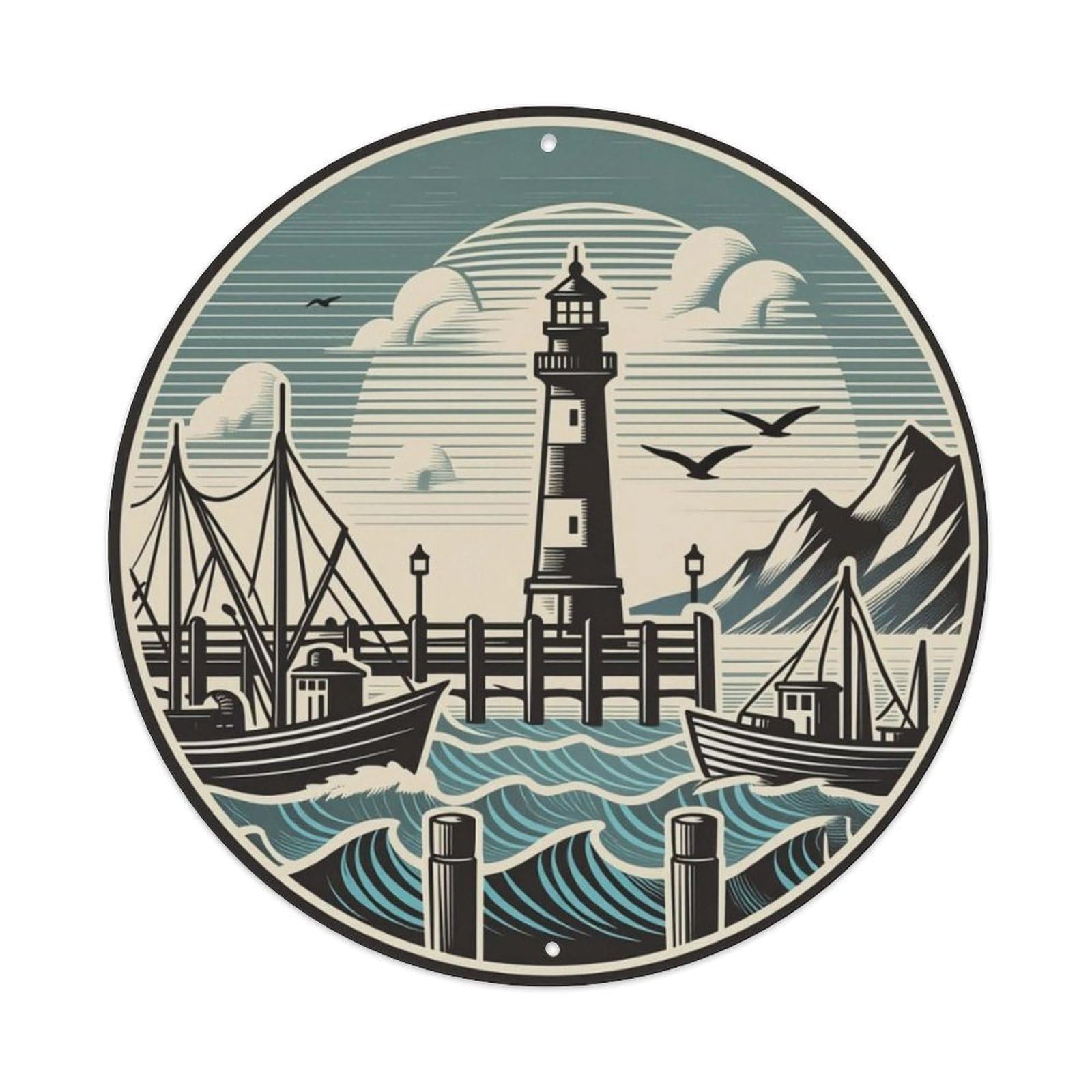 Vintage Coastal Lighthouse Fishing Boat Round Decor Sign Vintage Aluminium Metal Sign, Retro Wall Decor for Home, Bar, Garage & Farmhouse 20x20cm