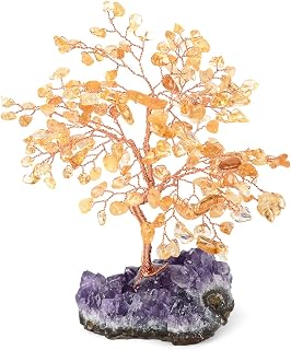 MASGEMES Natural Citrine Crystal Money Tree with Amethyst Geode Base - Feng Shui Bonsai Healing Crystals for Wealth, Chakra Balance & Home Decor 5.5-6.3"