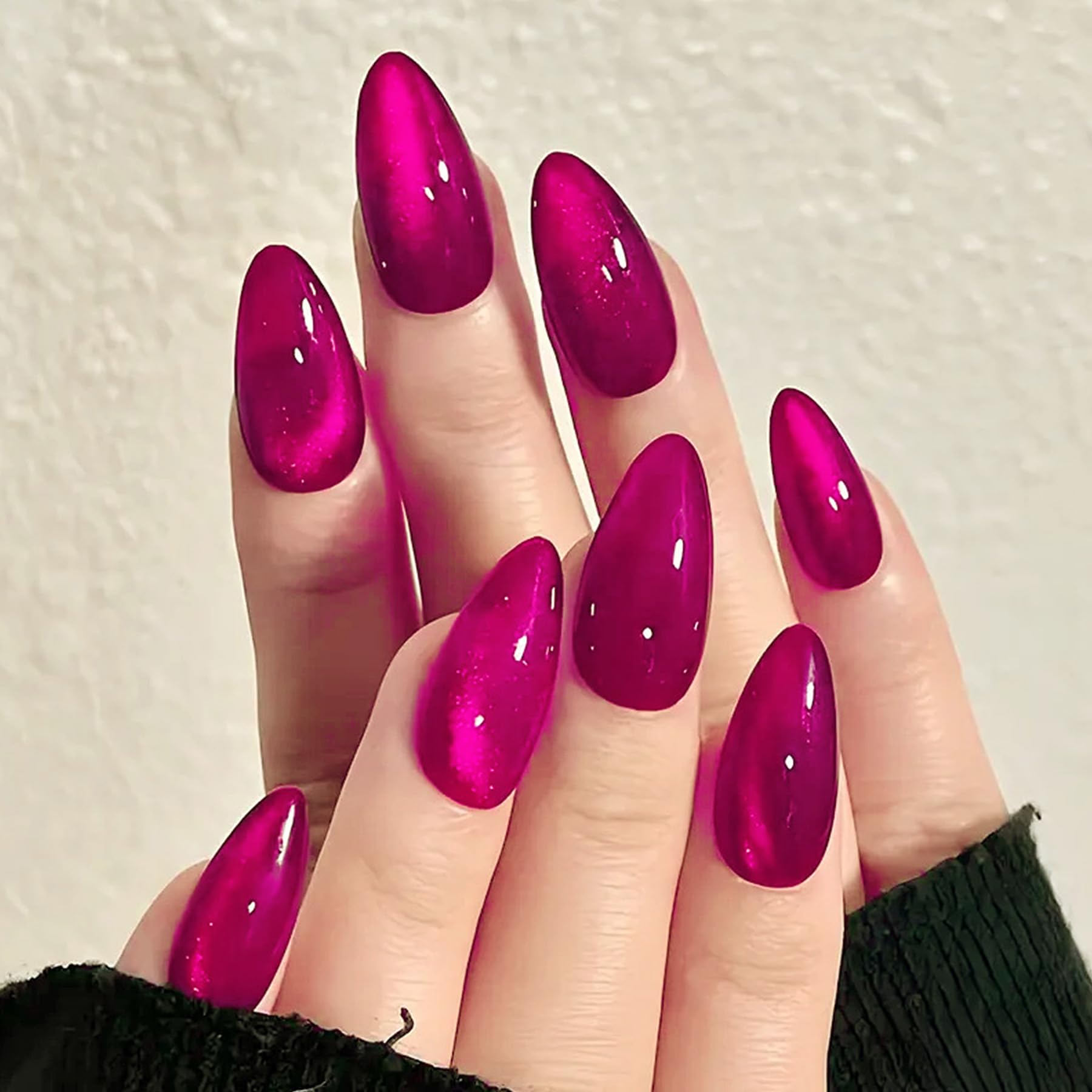 KQueenest Cat Eye Press on Nails Almond, Glazed Glitter Hot Pink False Nails Medium Stiletto