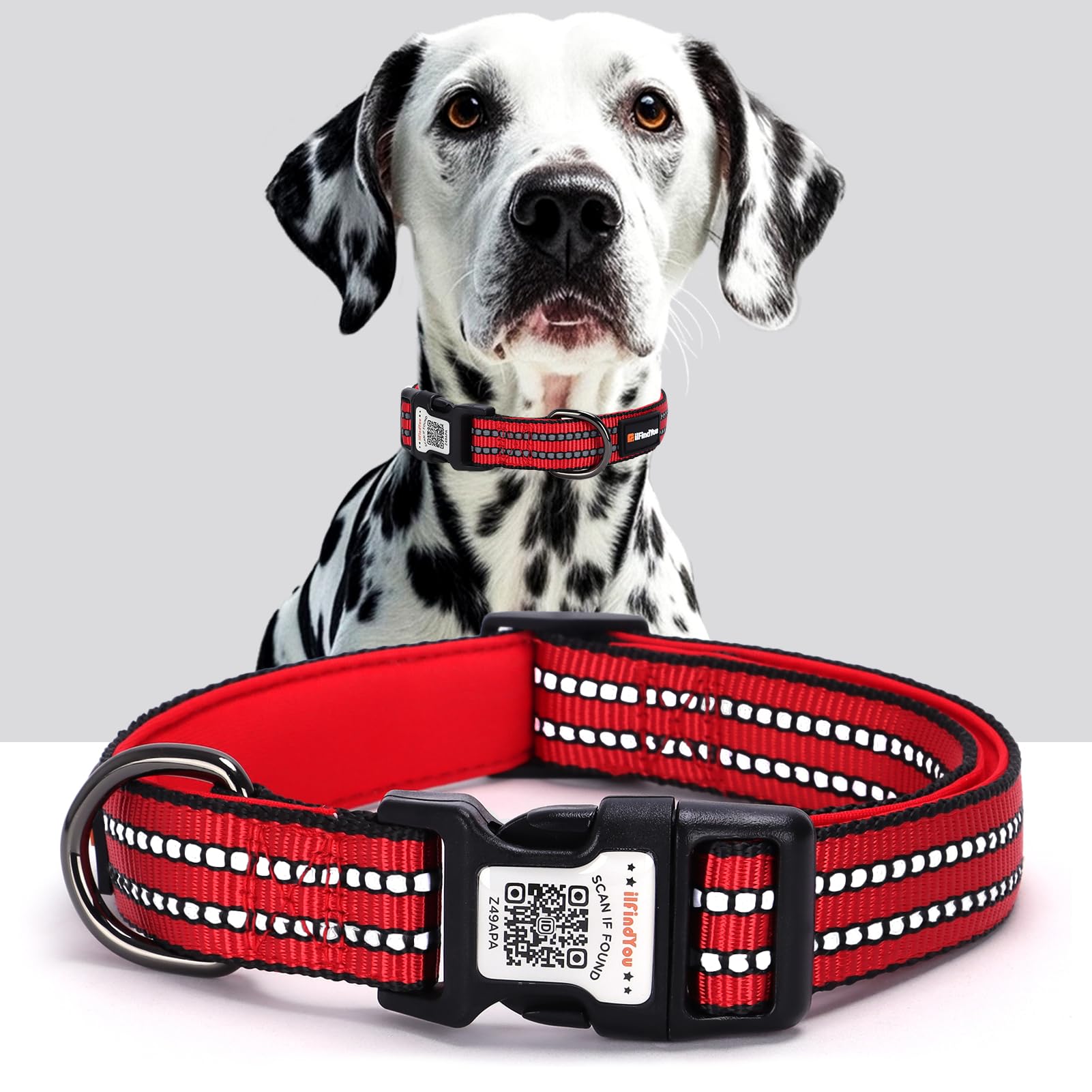 ilFindYou Reflective Dog Collar with QR Code Tag, Personalized Dog Collar, Safety Night Visibility, Anti-Loss Function (Red, Medium)