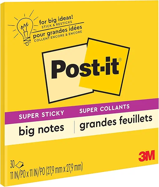 Post-it Super Sticky Big Notes, 11 in x 11 in, 1 Pad, 2X The Sticking Power, Yellow, Recyclable (BN11)