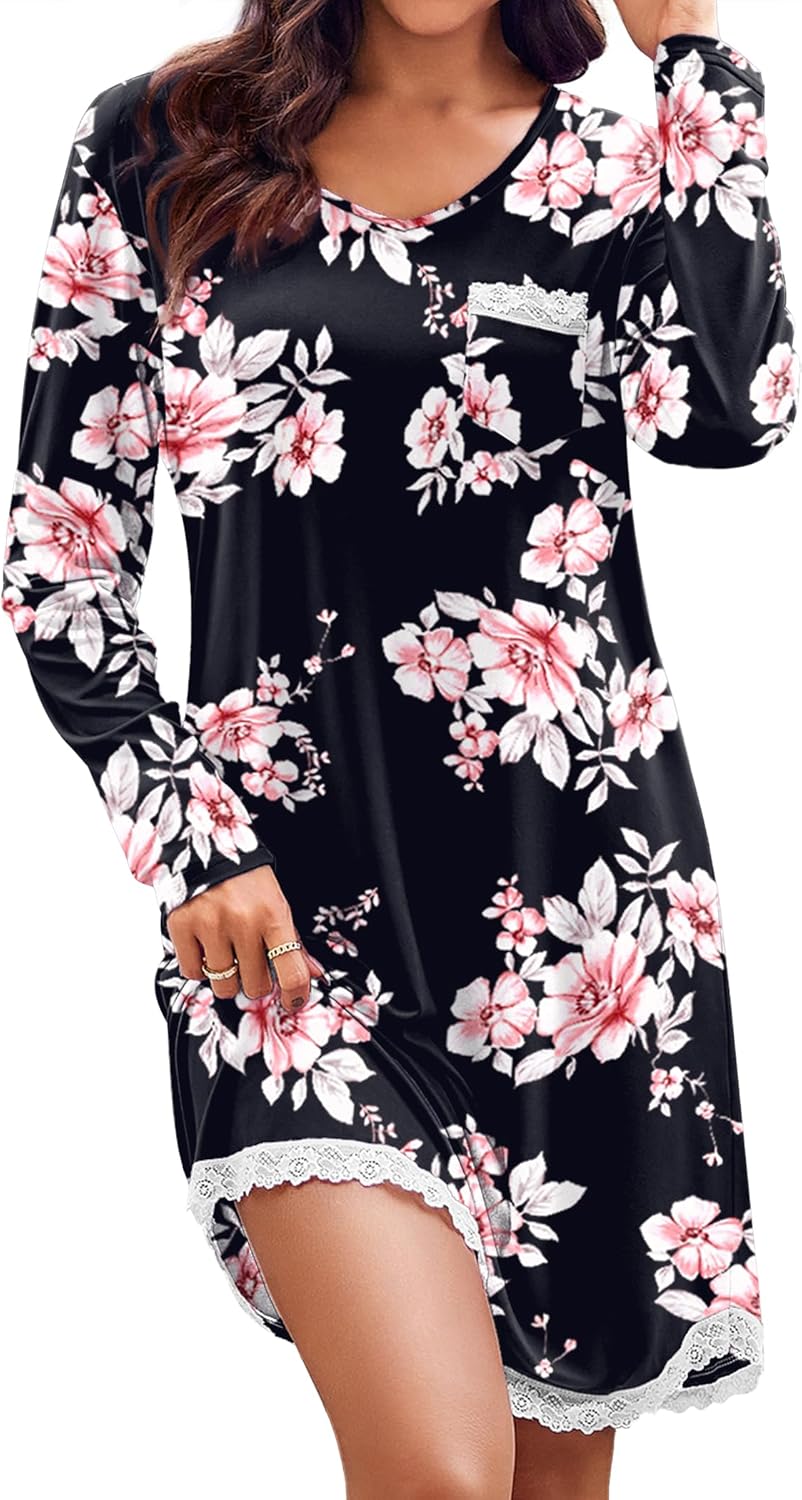 Ekouaer Womens Long Sleeve Nightgowns V Neck Sleepshirts Lace Nightshirts Casual T-shirt Sleep Dress with Pocket