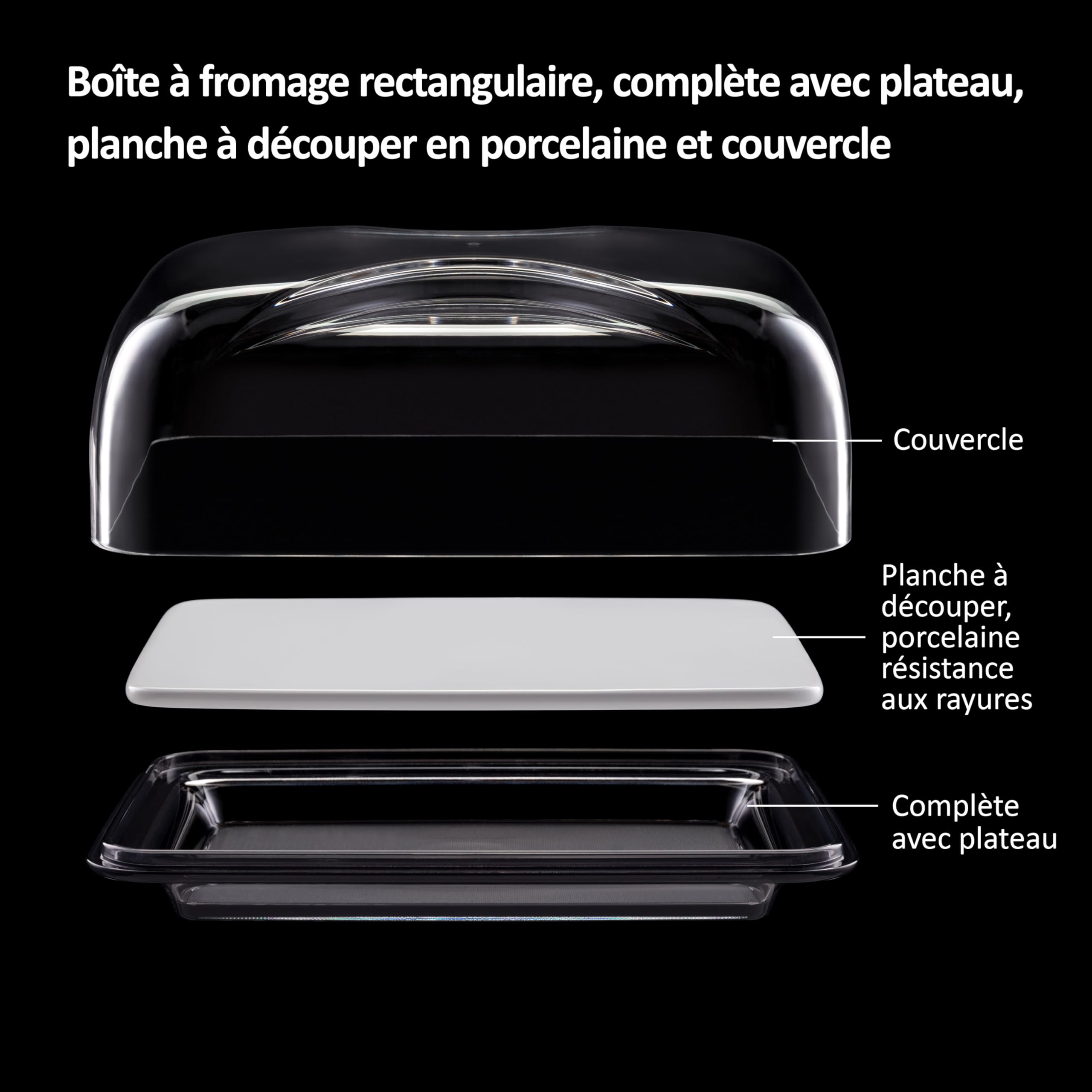 Haier HAGCB40 Boîte à Fromage - avec Plateau - Planche à Découper en Porcelaine et Couvercle - Rectangulaire - Élégante - 25,5x18x11,5 cm - Haier par Guzzini