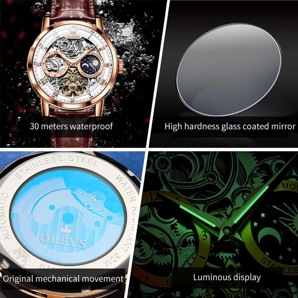 OLEVS Skeleton Watches for Mens Automatic Mechanical Self Winding Tourbillon Leather Strap Luxury Dress Moon Phase Wrist Watches Waterproof Luminous