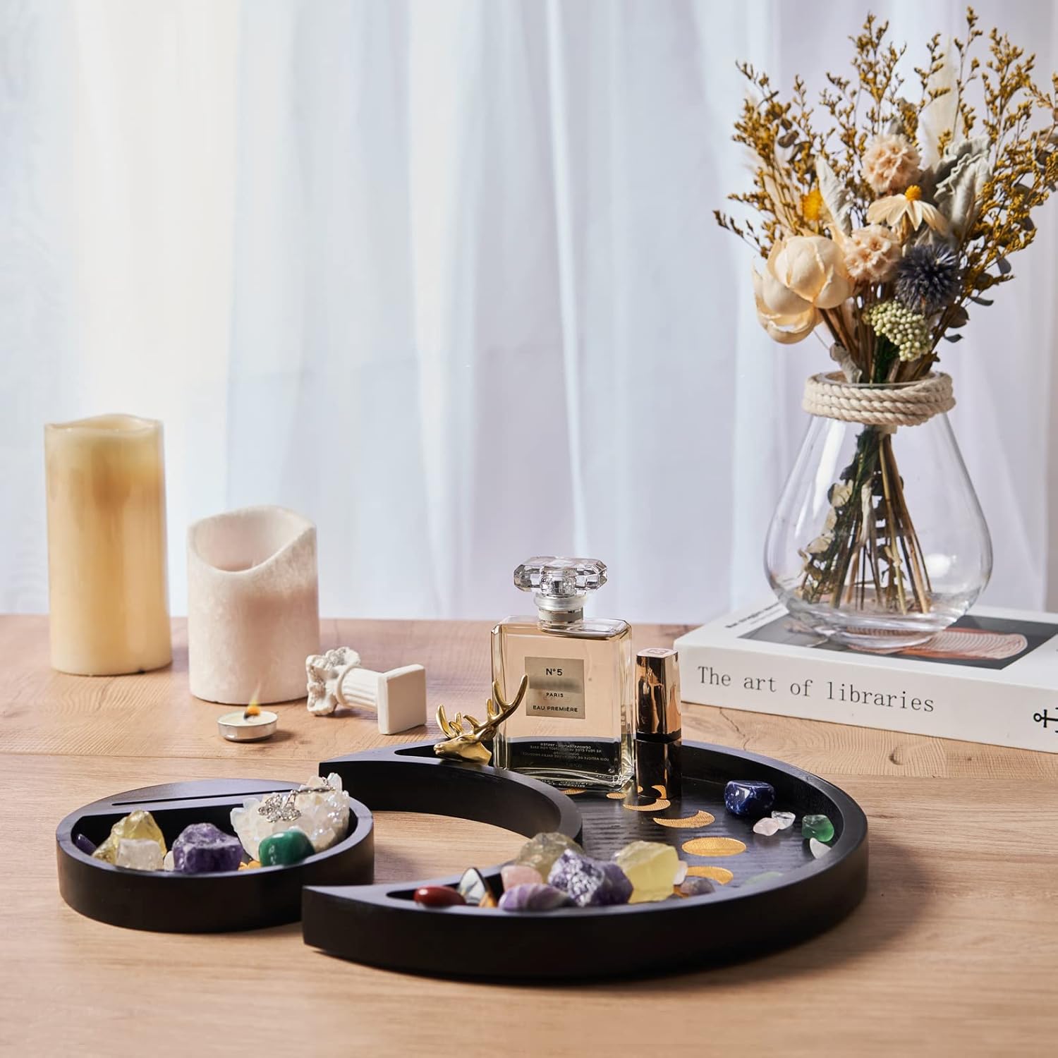 Yougoals Moon Tray Set Crystal Holder for Stones Display, Black Wooden Tray with Round Jewelry Dish, Crystals and Healing Stones Essential Oil Decorative Tray, Gift for Crystal Lovers