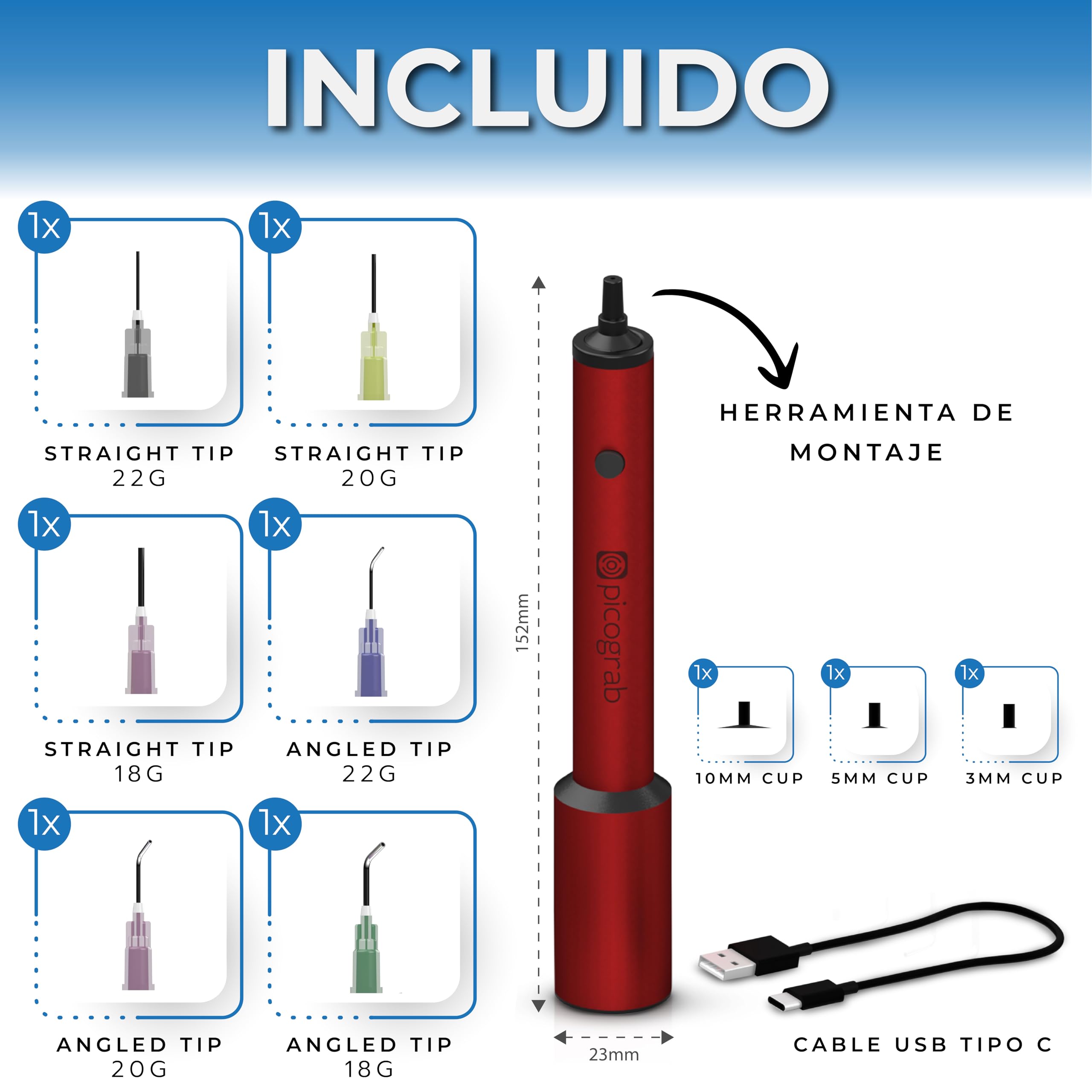 Lápiz de vacío ESD recargable para colocación de componentes IC y retrabajo de chips SMD, con 3 ventosas, 6 boquillas intercambiables, cuerpo de aluminio, puerto USB-C y hasta 10 horas de batería.