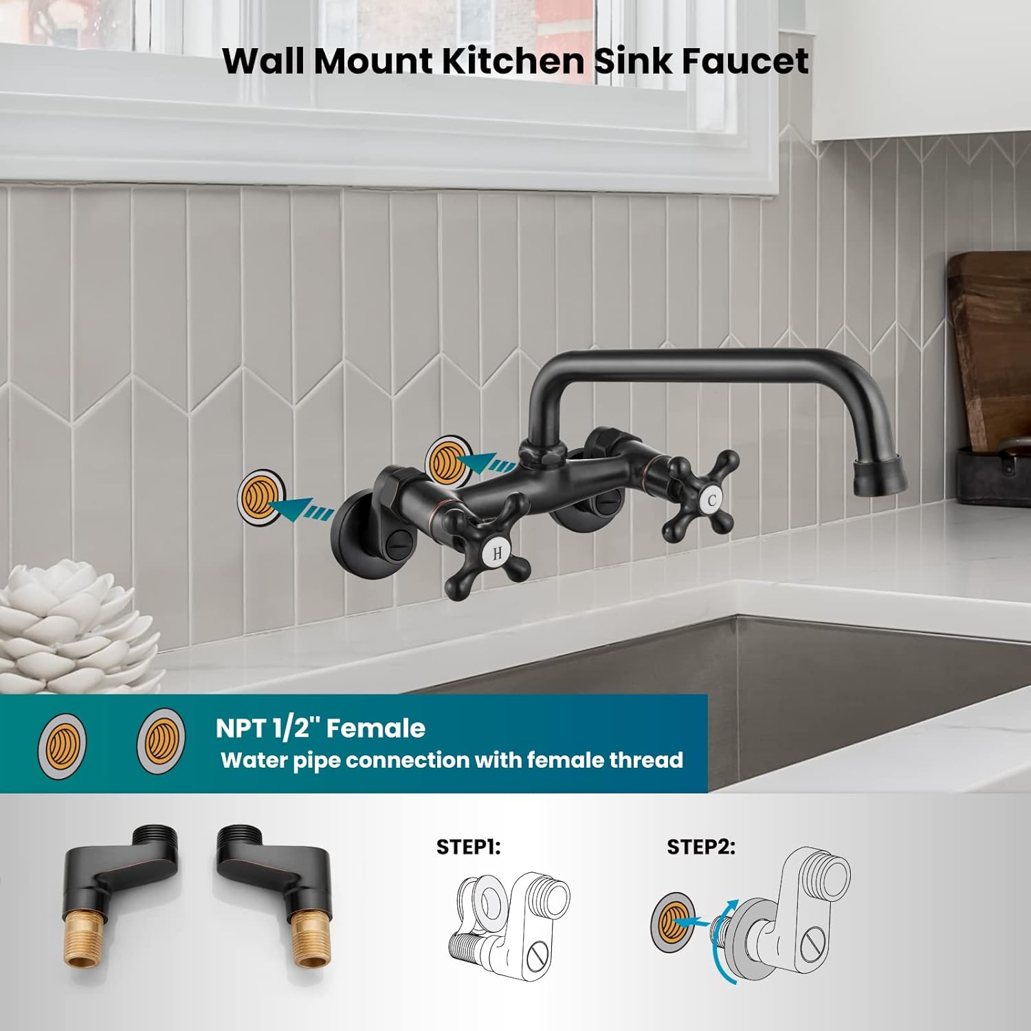 gotonovo Wall Mount Kitchen Sink Faucet Double Cross Handle Commercial Faucet 6 Inch Center Hole Distance Spread Mixer Tap 360 Rotatable Spout 8 Inch Spout Reach Oil Rubbed Bronze