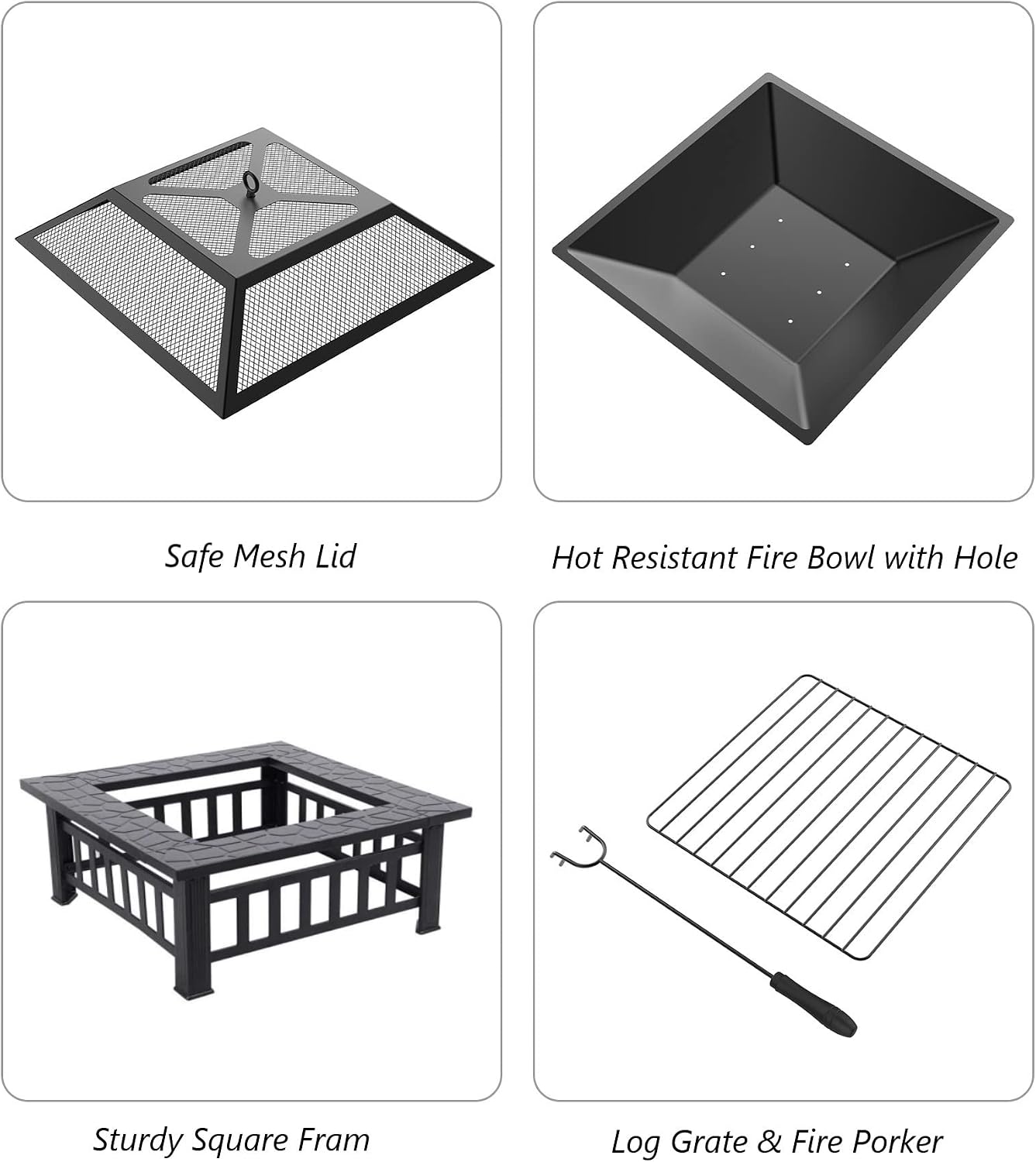 Fire Pit for Outside 32 Inches Outdoor Fire pits, 3 in 1 BBQ Fire Pits Table Wood Fire Pit Patio Outdoor Fireplace Square Metal Fire Pit Bowl for Garden Yard with Spark Screen Cover and Poker