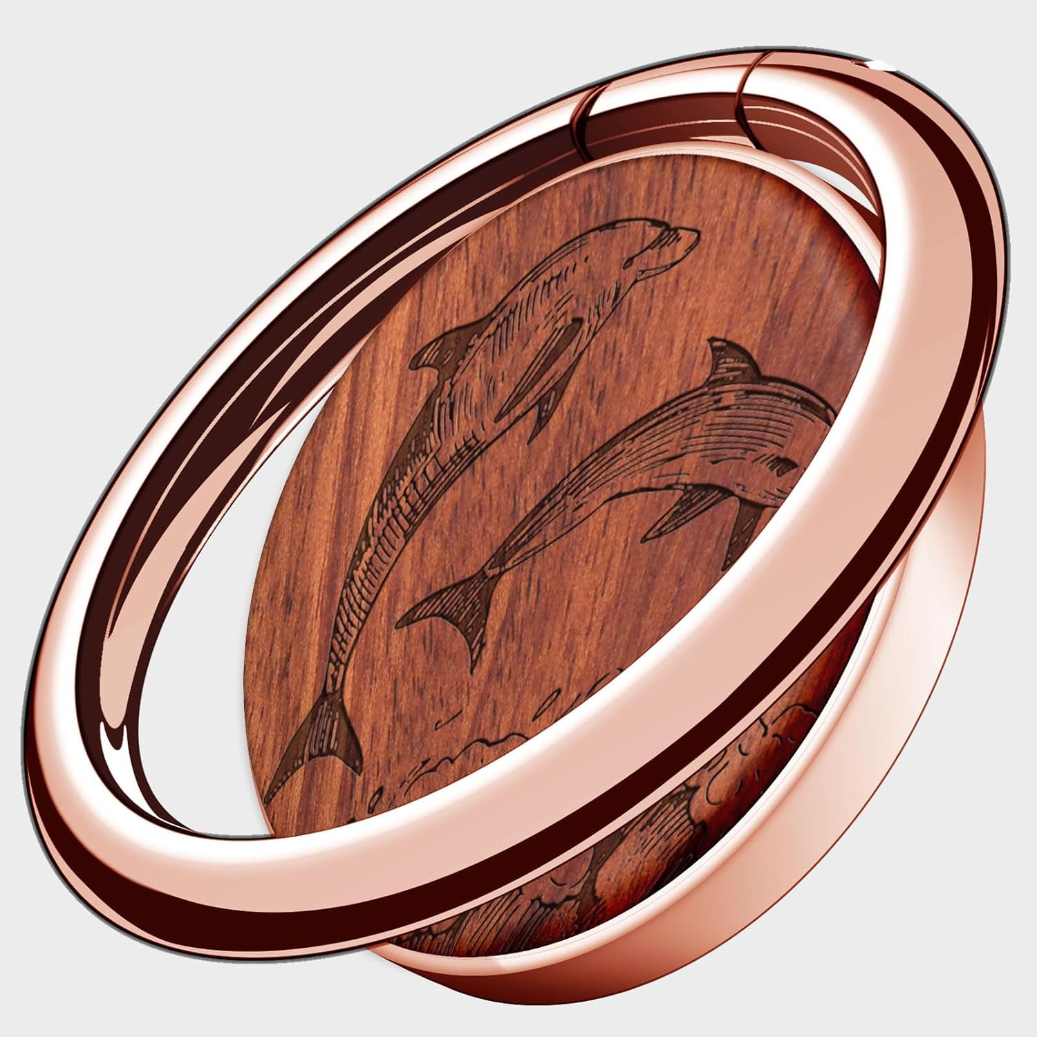 Carveit Wooden Phone Ring Holder Finger Stand Metal Grip Hook Phone Kickstand Compatible with Galaxy S24 Ultra S23 iPhone 16 Pro Max 13 14 15 Pixel 9-Redwood/Rose Gold/Dolphins in The Waves [1 Pack]