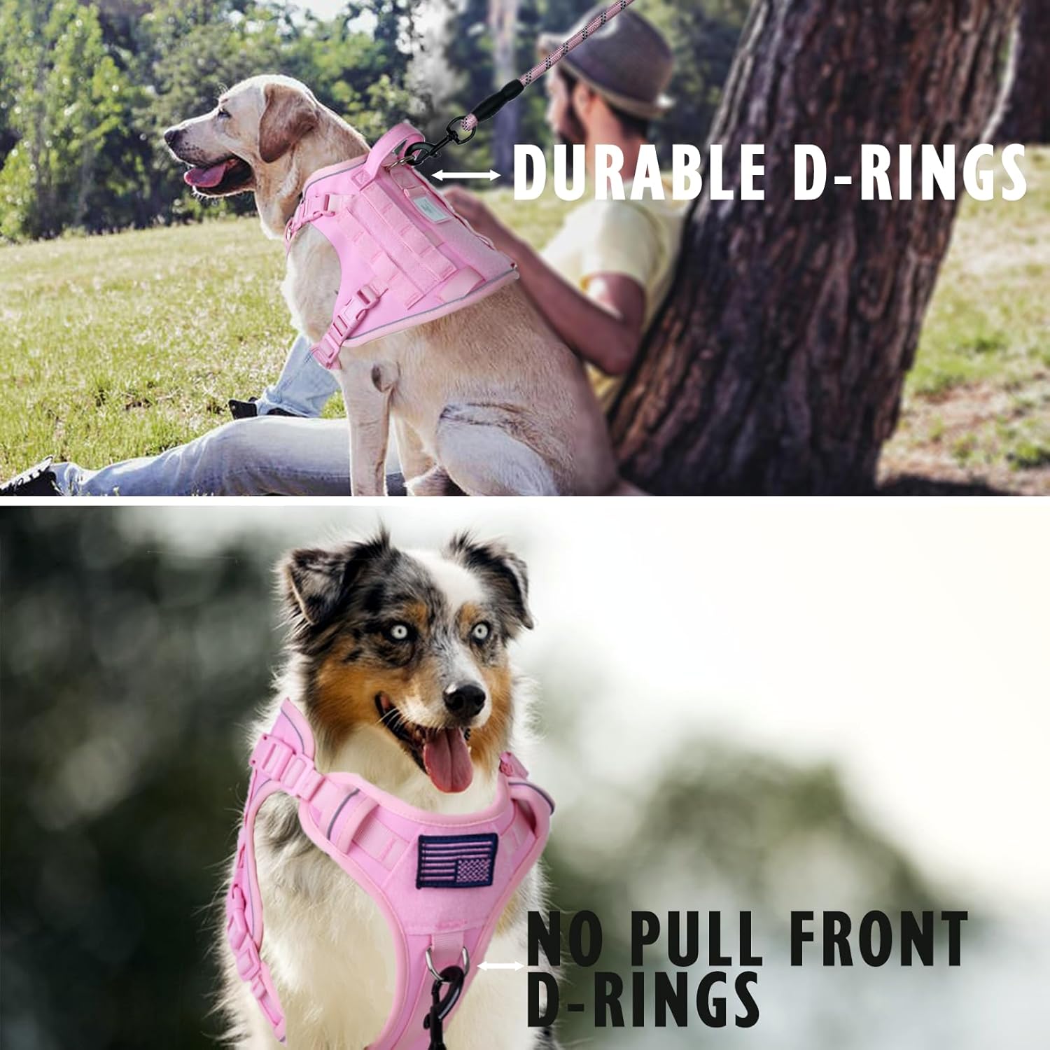 BUMBIN Tactical Dog Harness with Laesh Set，No-Pull Service Fit Smart Dog Vest with Hook & Loop Panels,Adjustable Dog Vest Harness with Handle Pink M