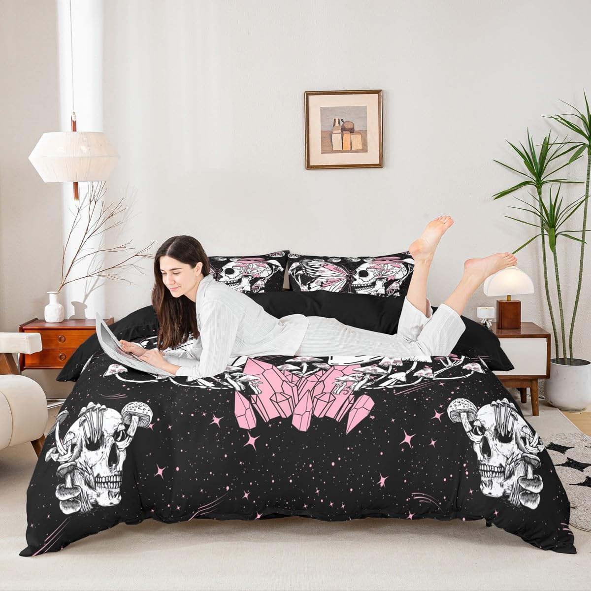 Moth Skull Duvet Cover Full Size Pink Butterfly Mushroom Bedding Set Starry Galaxy Moon Comforter Cover 3Pcs for Kids Teens Girls Boys Bedroom Decor Wild Animals Plants Quilt Cover,2 Pillowcases