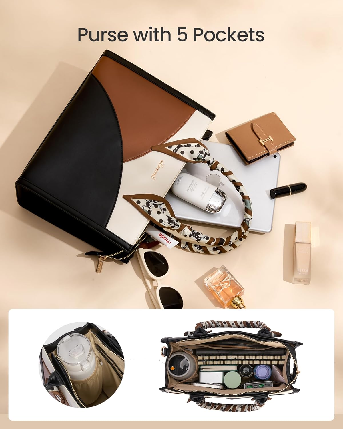 LOVEVOOK Medium Purses and Handbags for Women, Satchel Top Handle Bag with Strap, PU Leather Tote Shoulder Purse with Scarf - Image 3