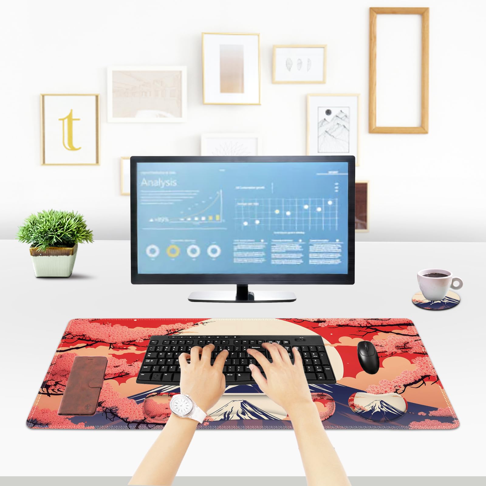 ToLuLu Lot de 4 grands tapis de souris géants de 80 x 40 cm, repose-poignet et sous-main pour clavier et souris, base antidérapante, motif lune japonaise, fleurs de cerisier rouges