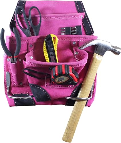 RAVEN Bolsa de herramientas de cuero rosa | 9 bolsillos y 2 soportes para martillos | 13 pulgadas (13.0 in) x 9.5 pulgadas (9.5 in) | Ideal para