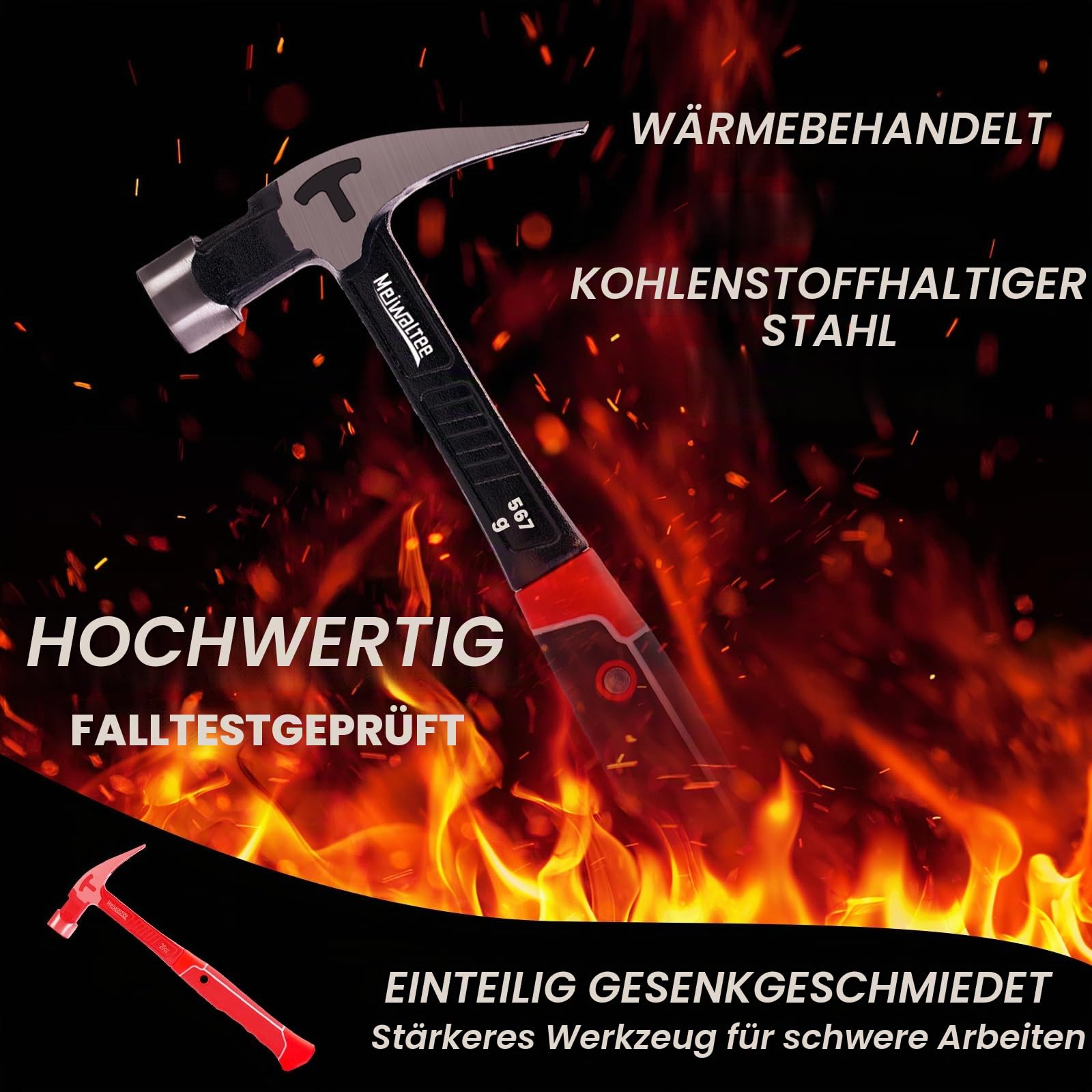 Gerader Klauenhammer,Zimmererhammer mit Magnetischem Nagelhalter, Gefräster Fläche & Stoßdämpfendem Griff - 850g Gewicht