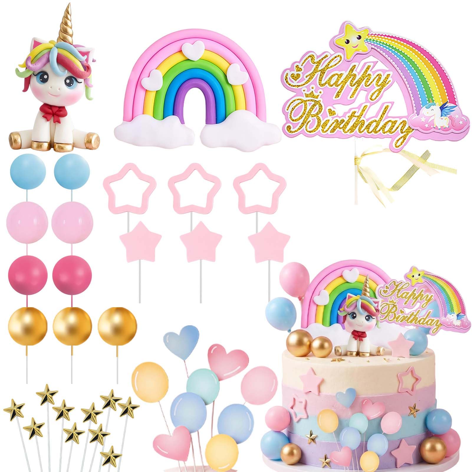 Unicorn Cake Topper 37PCS Rainbow Cake Decorations with Rainbow Stars Unicorn Balls Happy Birthday Cake Decorations for Birthday Baby Shower Christmas Party