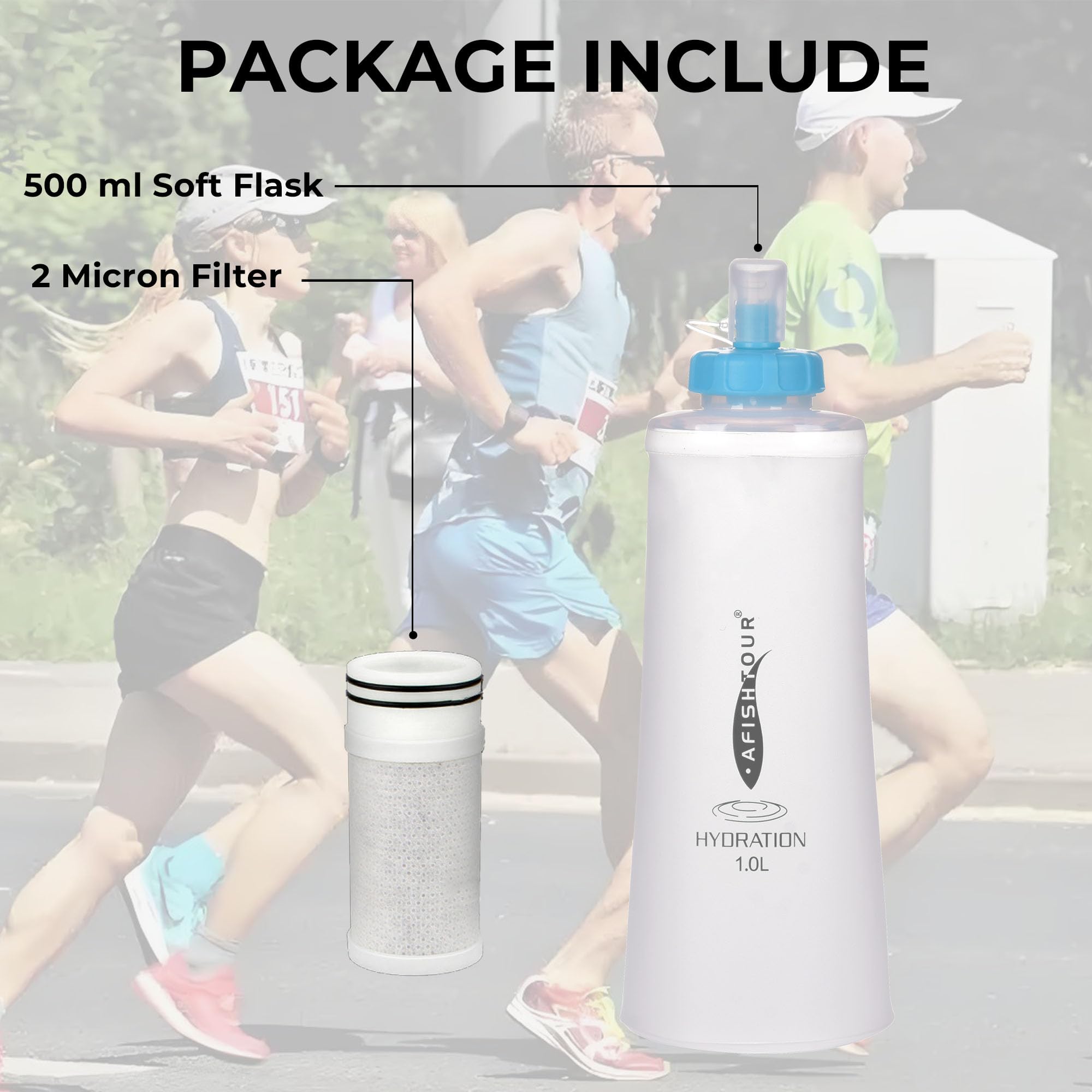Gourde souple pliable avec filtre - Bouteille d'eau légère - 1 litre - Pour la course à pied, la randonnée, les voyages, le cyclisme et la pêche - Sans BPA (blanc transparent)