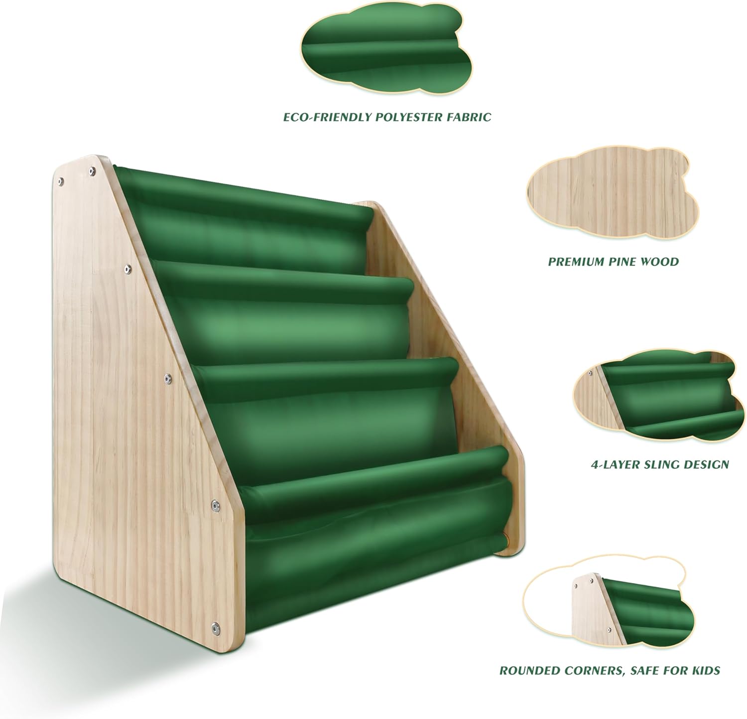 2 Pack Solid Wood Montessori Bookshelf Kids Book Shelf 4-Tier Sling Toddler Book Shelves Book Rack for Kids Room Bedroom Playroom Kids Book Organizer Floor Baby Bookcase Green